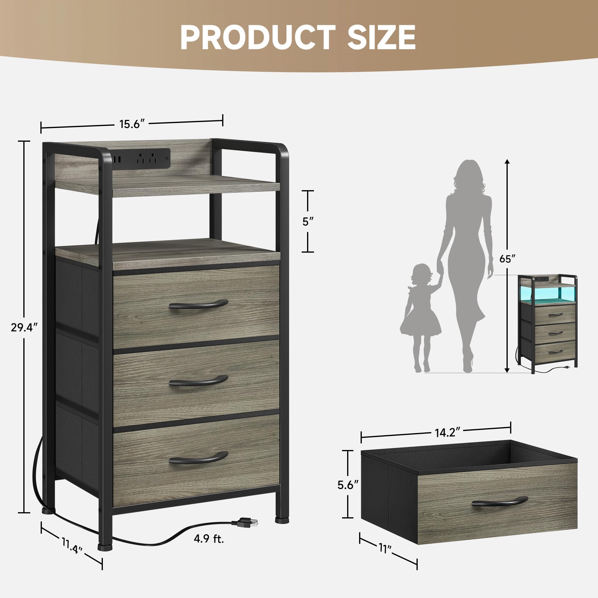Lazzanto Night Stand Bedside Charger Bedroom - Nightstand with Charging Station & LED Light Strip, Night Stand with Storage Shelf & 2 Fabric Drawers, Morden End Table with U-S-B Ports & AC Outlets