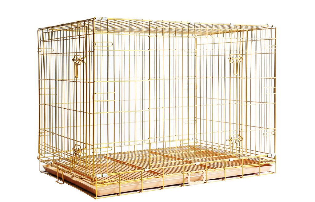HOMEY PET 24" Gold Color Folding Design Dog Crate Puppy Ertra Small Breed Dog Kennels with Removable Floor Grid and Pull Out Tray, Dog Cage Copper Gold Finish
