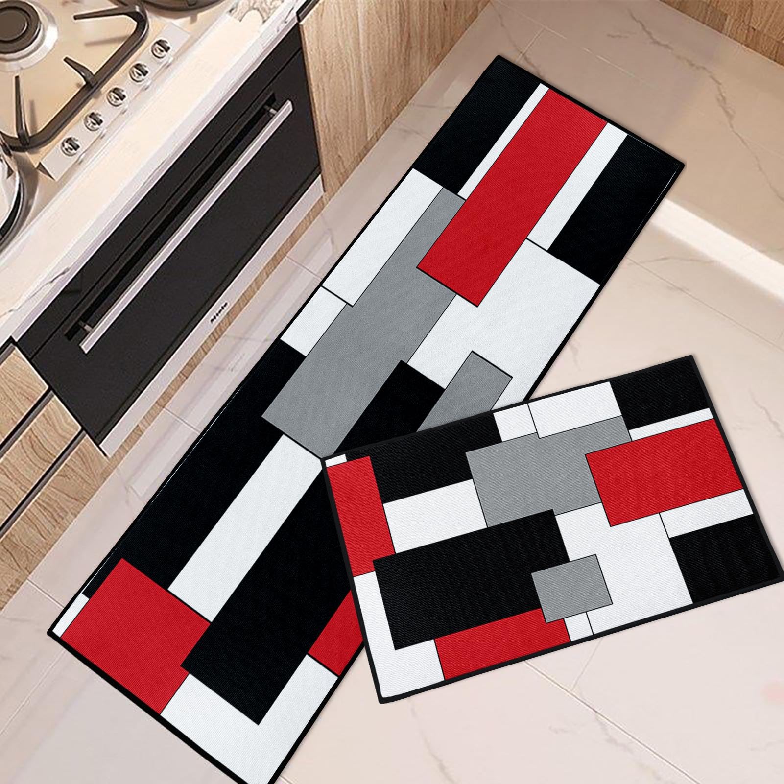 Blue Kitchen Rugs and Mats Non Skid Washable Set of 2, Grey White Modern Abstract Mats for Floor, Geometric Painting Runner Rug Graffiti Art Kitchen Decor