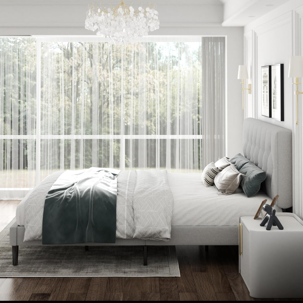 CXVX Full Size Platform Bed Frame with Upholstered Headboard, Button Tufted Design, Strong Wooden Slats, No Box Spring Needed, Easy Assembly, Noise Free