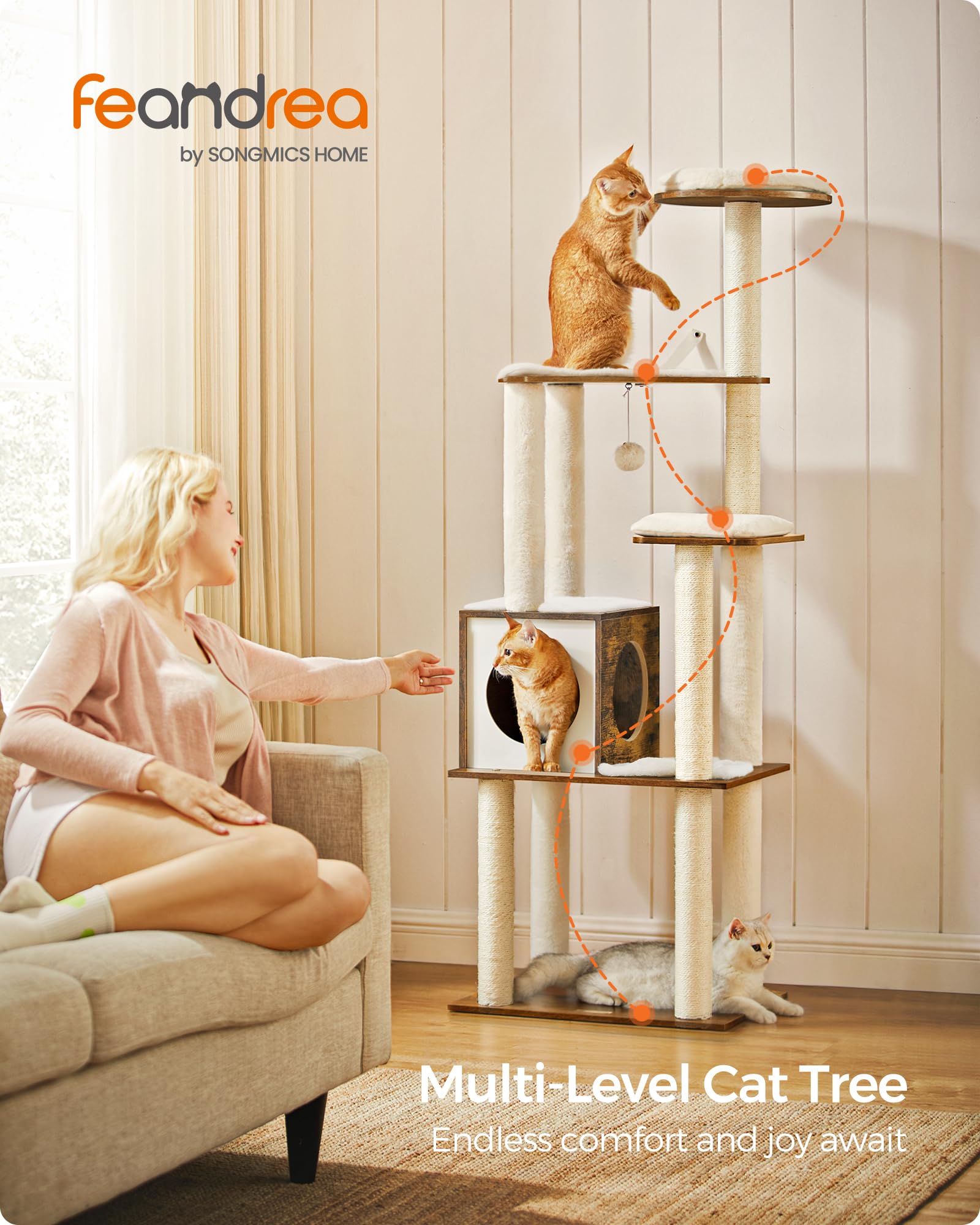 Feandrea Cat Tree, 65-Inch Modern Cat Tower for Indoor Cats, Multi-Level Cat Condo with 5 Scratching Posts, Perch, Washable Removable Cushions, Cat Furniture, Cloud White UPCT166W01