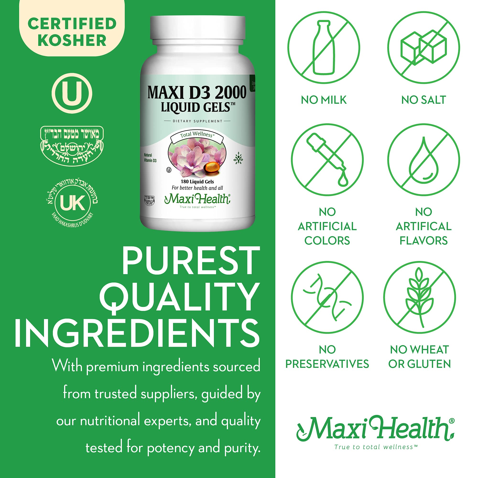 Maxi Health Vitamin D3 2000IU Tablets – Immune Support, Bone Health, and Muscle Function – Vitamin D 2000 IU Supplement for Adults – Kosher, Easy-to-Swallow, 90 Tablets