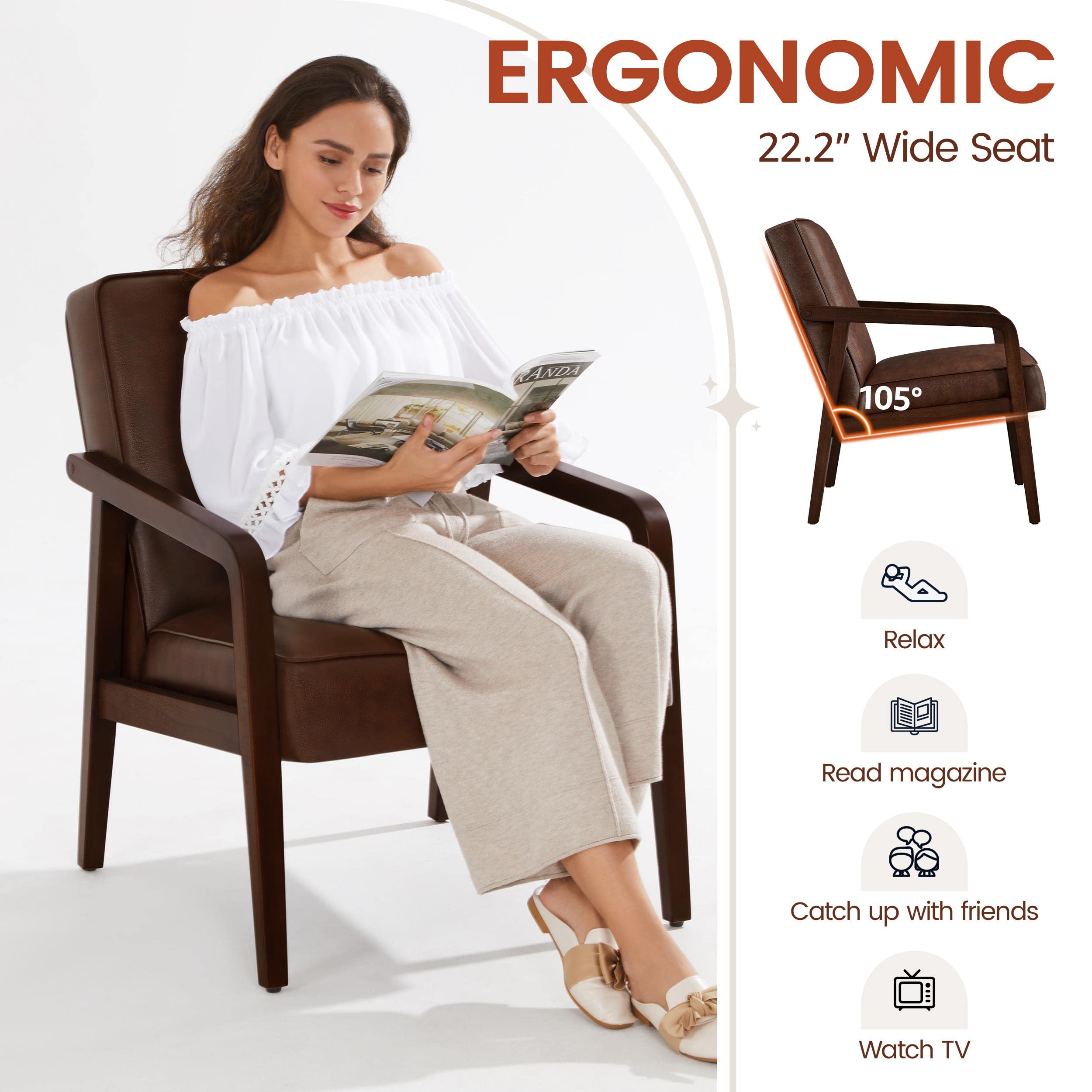 Yaheetech Accent Chair, PU Leather Reading Chair, Mid Century Modern Arm Chair with Solid Wood Frame for Living Room Bedroom Waiting Room, 2 Pieces, Black