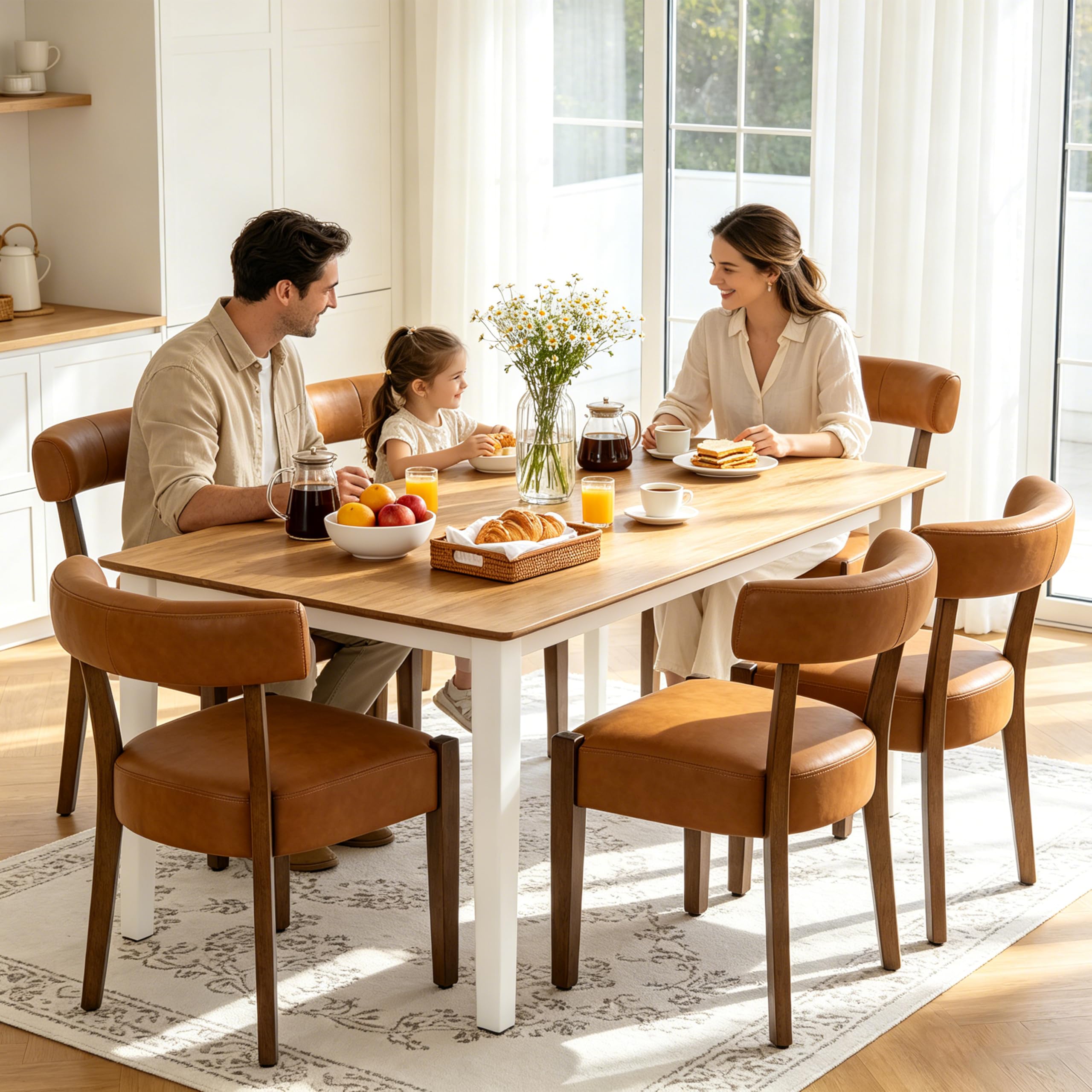 RNKSFX Upholstered Dining Chairs Set of 2, Walnut Wooden Kitchen & Dining Room Chairs, Mid Century Modern Fabric Farmhouse Dining Chairs Oversized Sturdy Rounded Chairs Curved Back, Beige Fabric