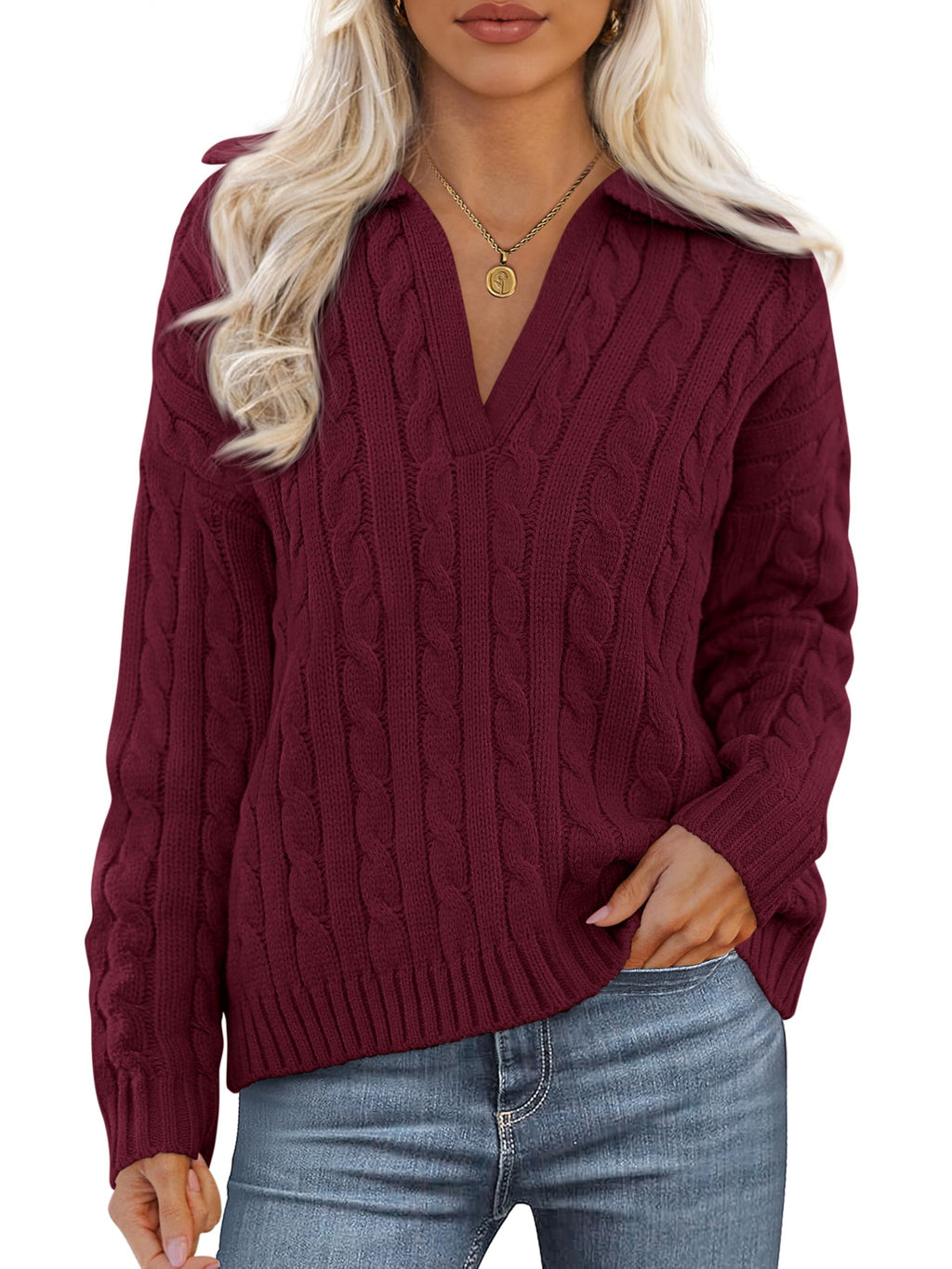 PRETTYGARDEN Spring Cable Knit Oversized Sweaters for Women 2026 Polo V Neck Long Sleeve Casual Chunky Sweater Pullover Tops
