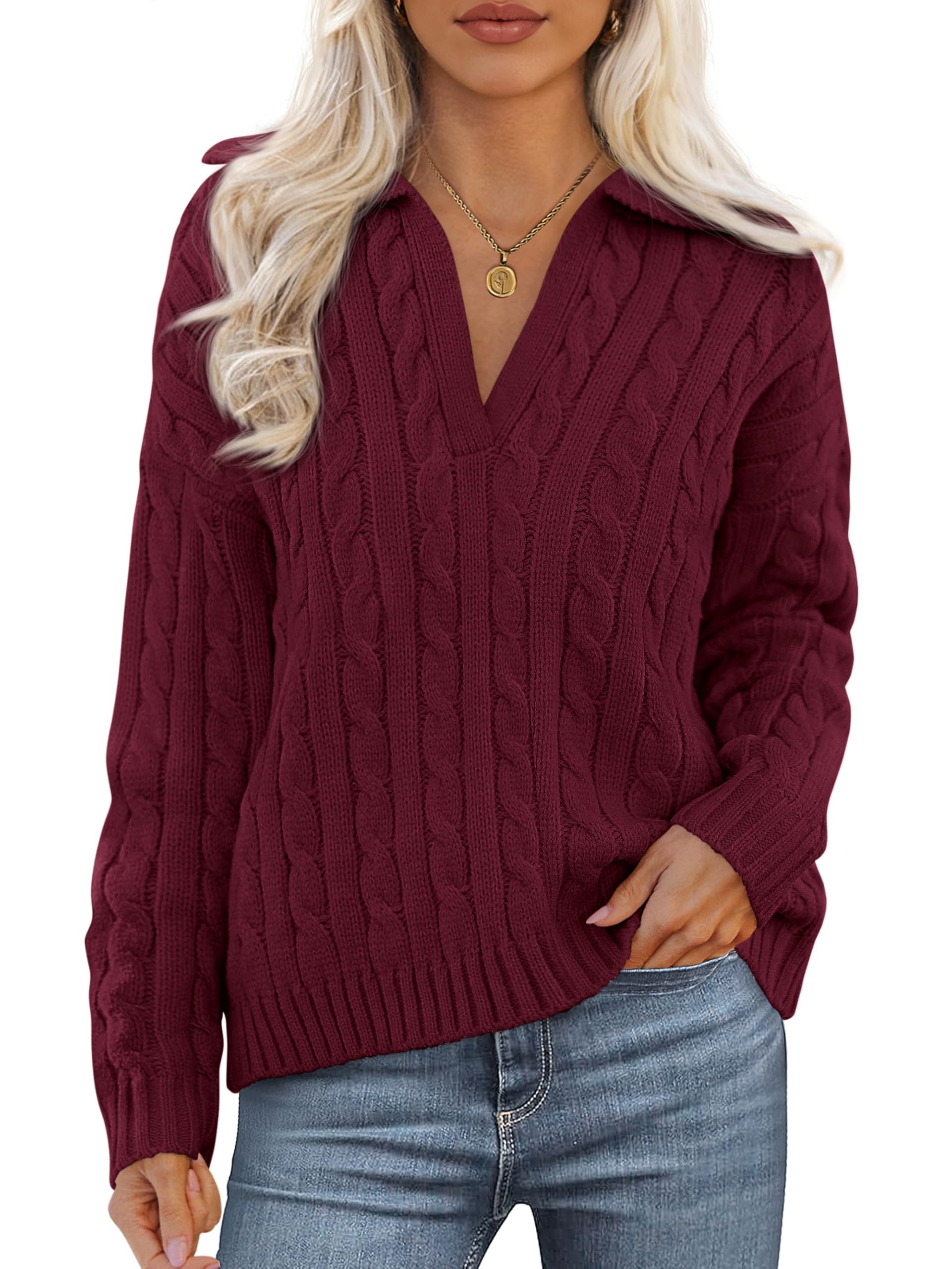 PRETTYGARDEN Spring Cable Knit Oversized Sweaters for Women 2026 Polo V Neck Long Sleeve Casual Chunky Sweater Pullover Tops