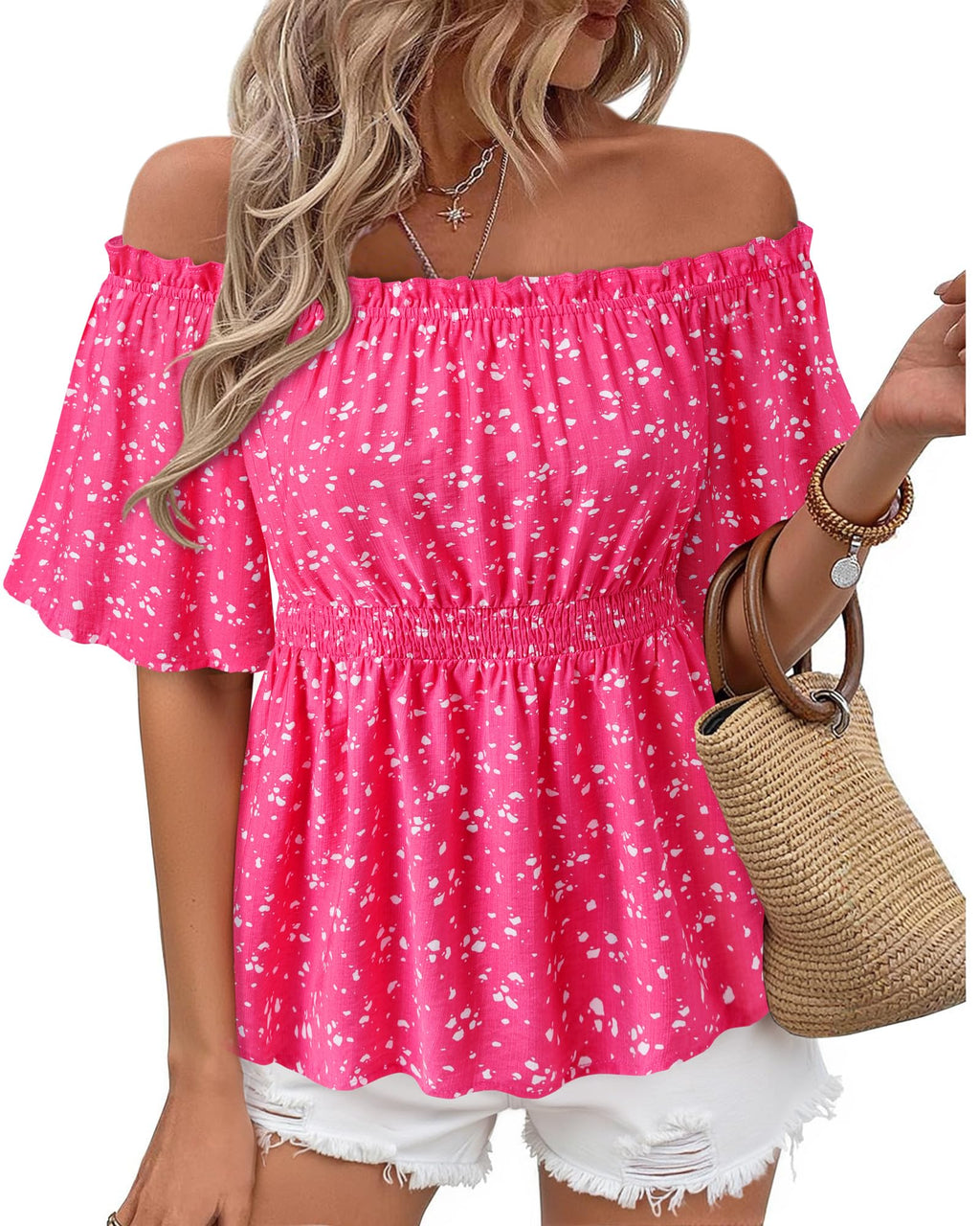 Bebonnie Women's Summer Sexy Off The Shoulder Peplum Tops Ruffle Sleeve Dressy Blouses