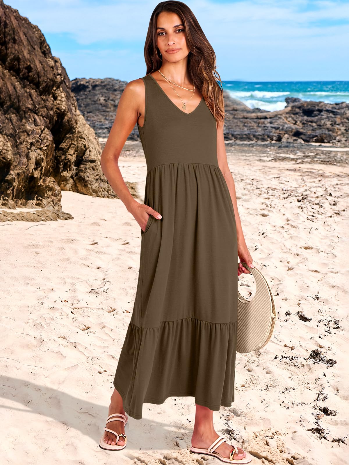 ANRABESS Women Summer Maxi Dresses A-line Tiered Flowy V Neck Sleeveless Swing 2026 Casual Beach Travel Sundress with Pockets