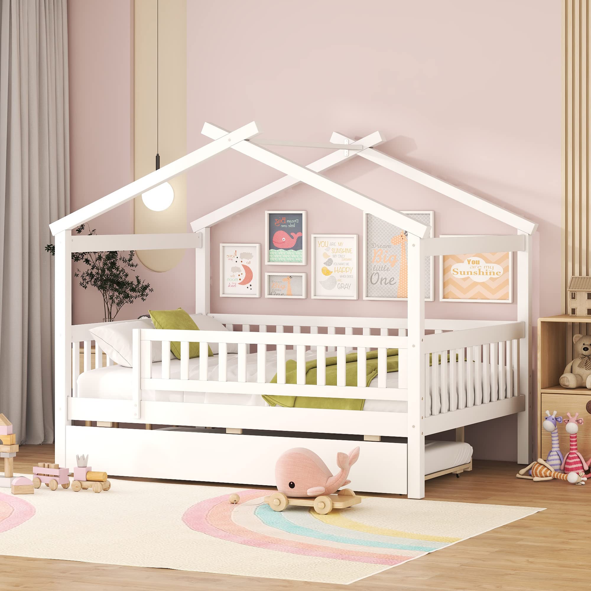 Merax Twin Size Wooden House Bed with Two Drawers, Wood Bed Frame with Roof for Kids, Teens, Boys or Girls, Grey