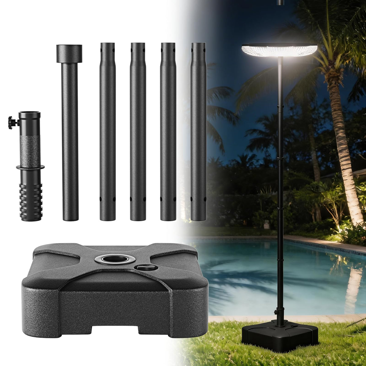 Outdoor Light Pole with Fillable Base, 8ft Cast Iron Lamp Post, 5-Section Heavy Duty Adjustable Pole for Garden, Yard, Pathway & Parking Lot, Portable Sand/Water Box Street Light Stand
