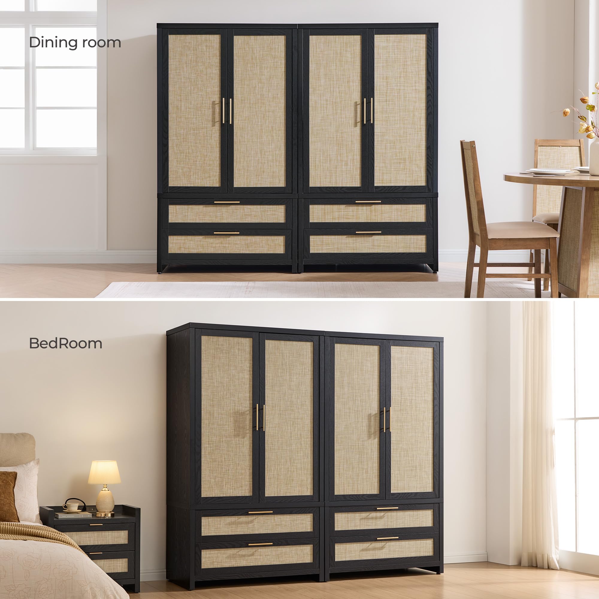 SICOTAS Rattan Armoire Wardrobe Closet Cabinet, 71" Wardrobe Storage Cabinet with Doors, 2 Drawers and Hanging Rod, Boho Large-Capacity Deep Armoire Clothes Organizer for Bedroom, Black Oak