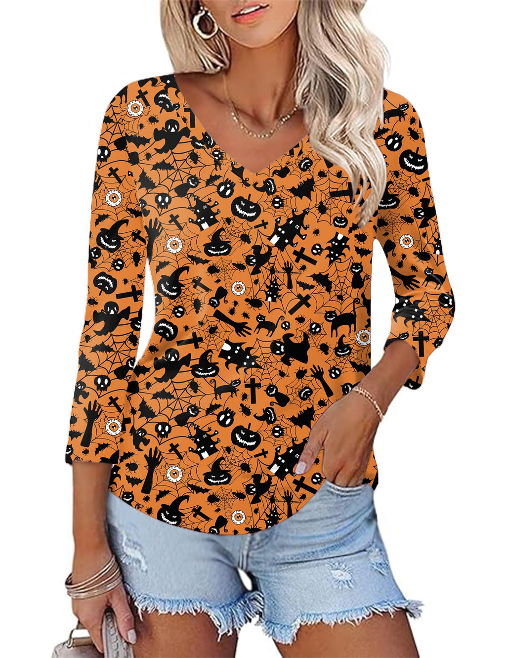KTILG Women's V Neck T Shirts 3/4 Sleeve Blouse Summer Tops Dressy Casual Solid Basic Tees
