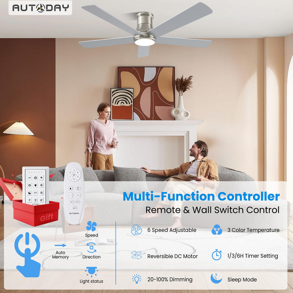 42 Inch Low Profile Ceiling Fan with Light, White Ceiling Fans with Lights and Remote, Flush Mount, 6 Speeds Reversible Quiet DC, 3CCT Dimmable, Indoor Outdoor Ceiling Fans for Patios Bedroom