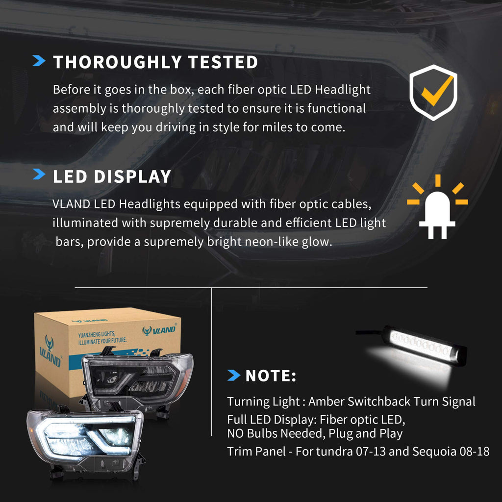 VLAND LED Headlights Compatible with Toyota Tundra 2007-2013/ Sequoia 2008-2021 w/Sequential Turn Signal, w/Diamond White DRL w/LED Reflection bowl Amber Reflector Black Trim Panel