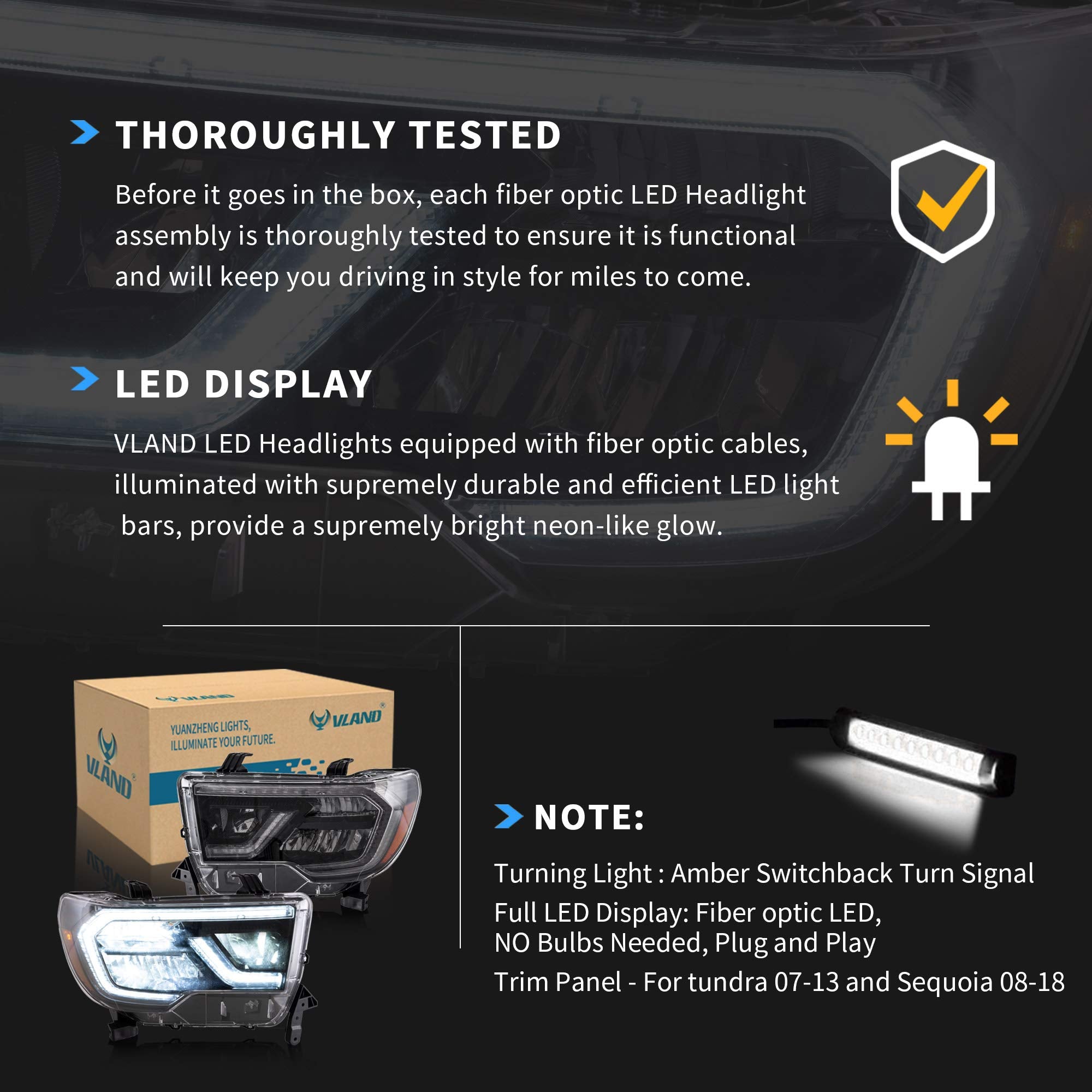 VLAND LED Headlights Compatible with Toyota Tundra 2007-2013/ Sequoia 2008-2021 w/Sequential Turn Signal, w/Diamond White DRL w/LED Reflection bowl Amber Reflector Black Trim Panel