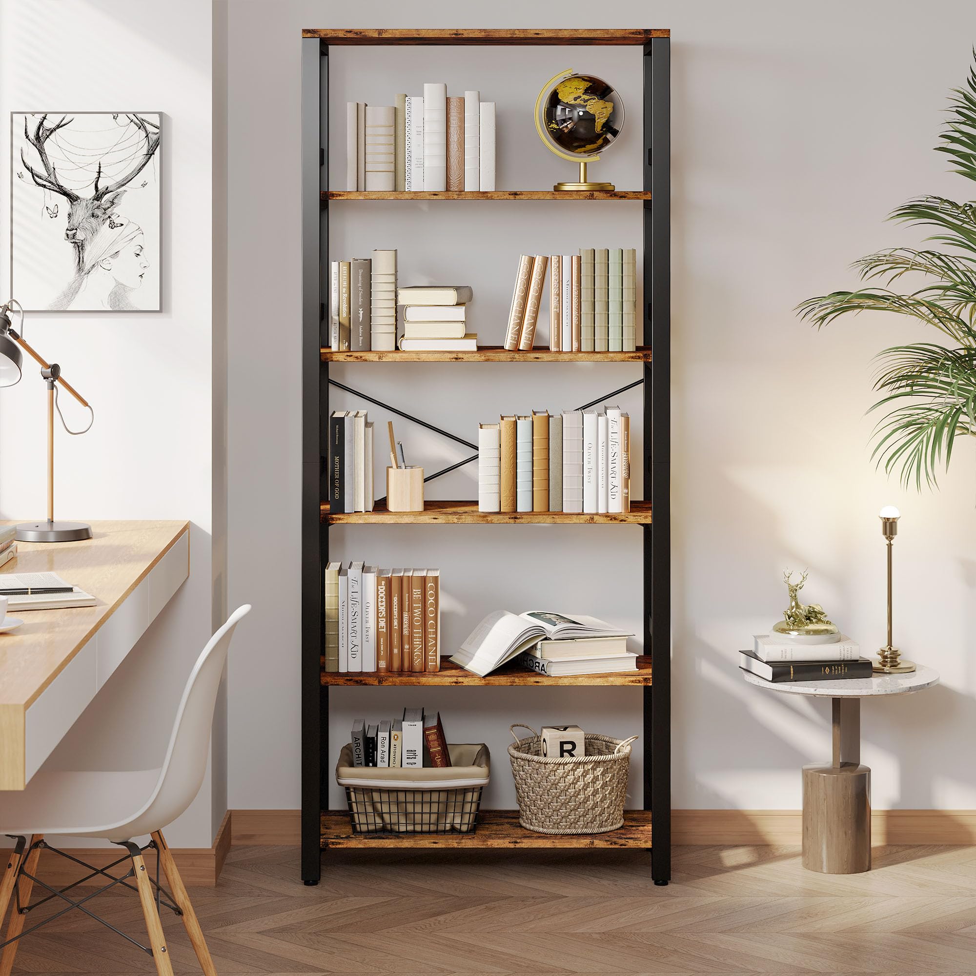 IRONCK Bookshelf, 31.5in Wide Shelf 6 Tier Bookcase, 110lbs/shelf Vintage Industrial Style Bookshelves for Bedroom, Living Room and Home Office, Industrial Brown