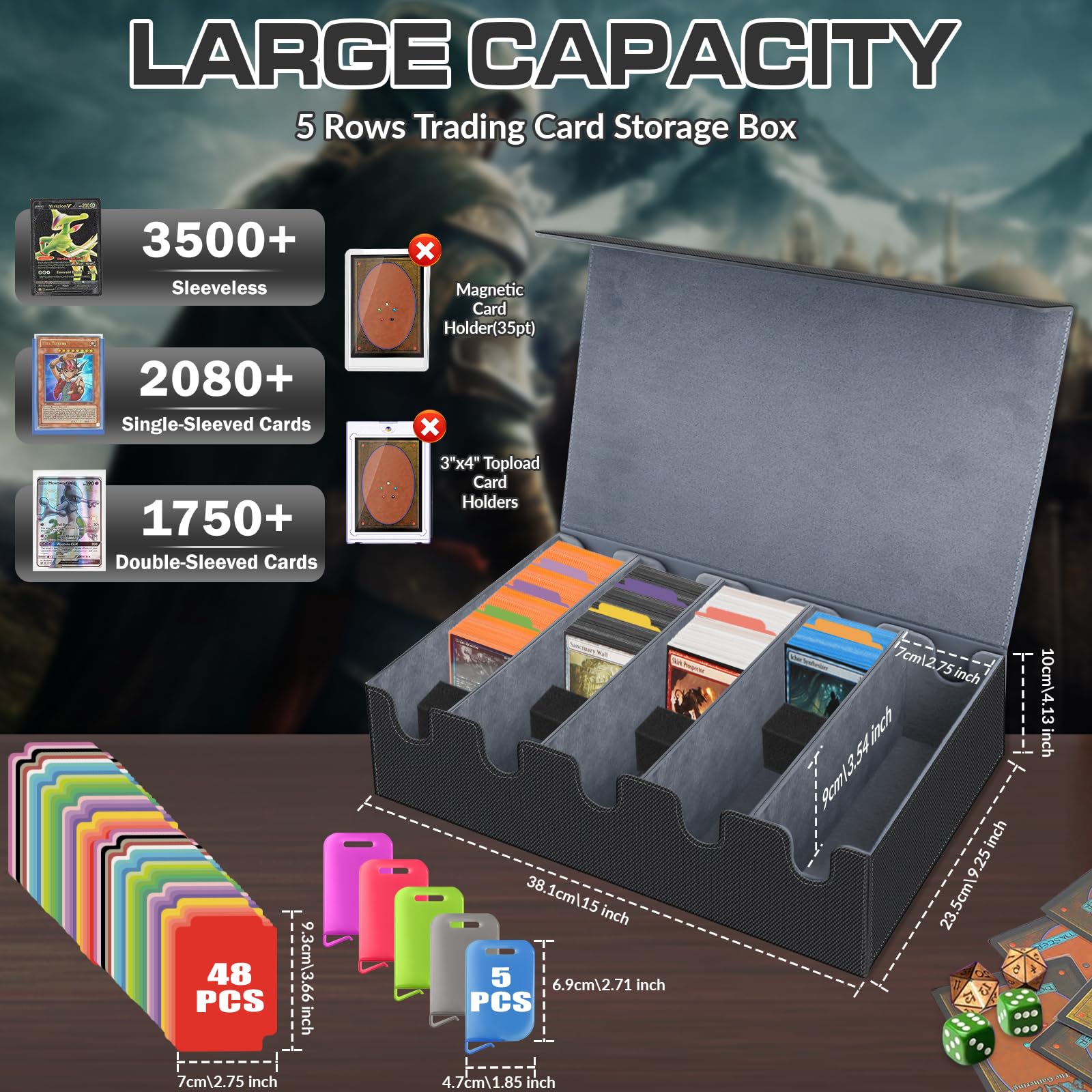 AOBOPLE Trading Card Storage Box,3200+ Card Box Storage with 24 Dividers and 4 Foam Supporters PU Leather Magnetic Cards Deck Case for MTG TCG Magic and Sport Cards,Great Gift for Card Collectors