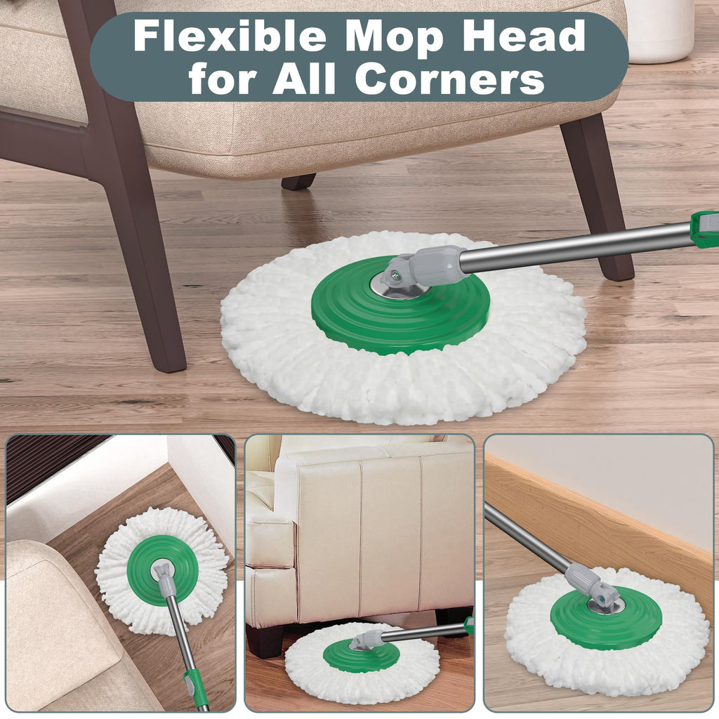 Dual Compartment Spin Mop and Bucket, Mop and Bucket with Wringer Set,360°Rotating Spinning Mopping for Floor Cleaning with 6 Microfiber Replacement Heads, 61" Extended Handle, 2X Wheel - Deep Green