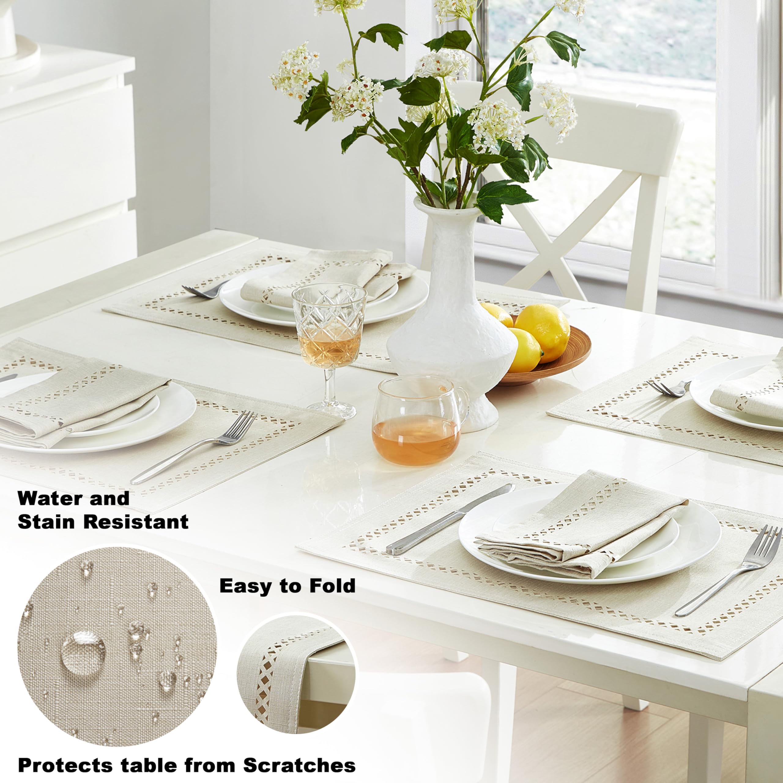 Newbridge Rectangle Fabric Placemats, Set of 4 Placemats, Provence Lattice Cutwork Solid Color Textured, Water and Stain Resistant Easy Care, Denim Blue