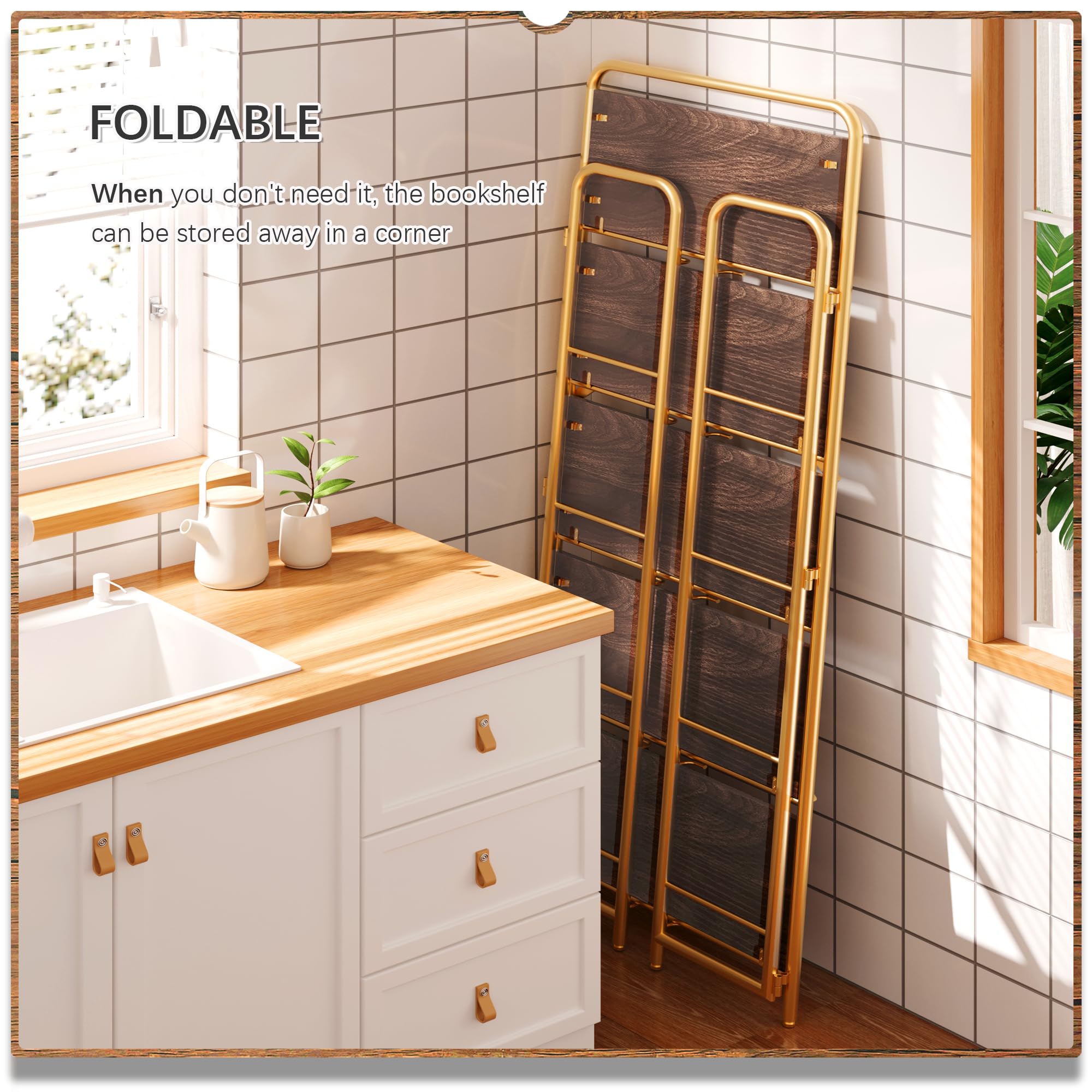 4NM No Assembly Folding Bookshelf, 3 Tiers Collapsible Book Shelves Open Industrial Foldable Storage Bookcase Shelf for Bedroom, Living Room, Home Office - Natural and White