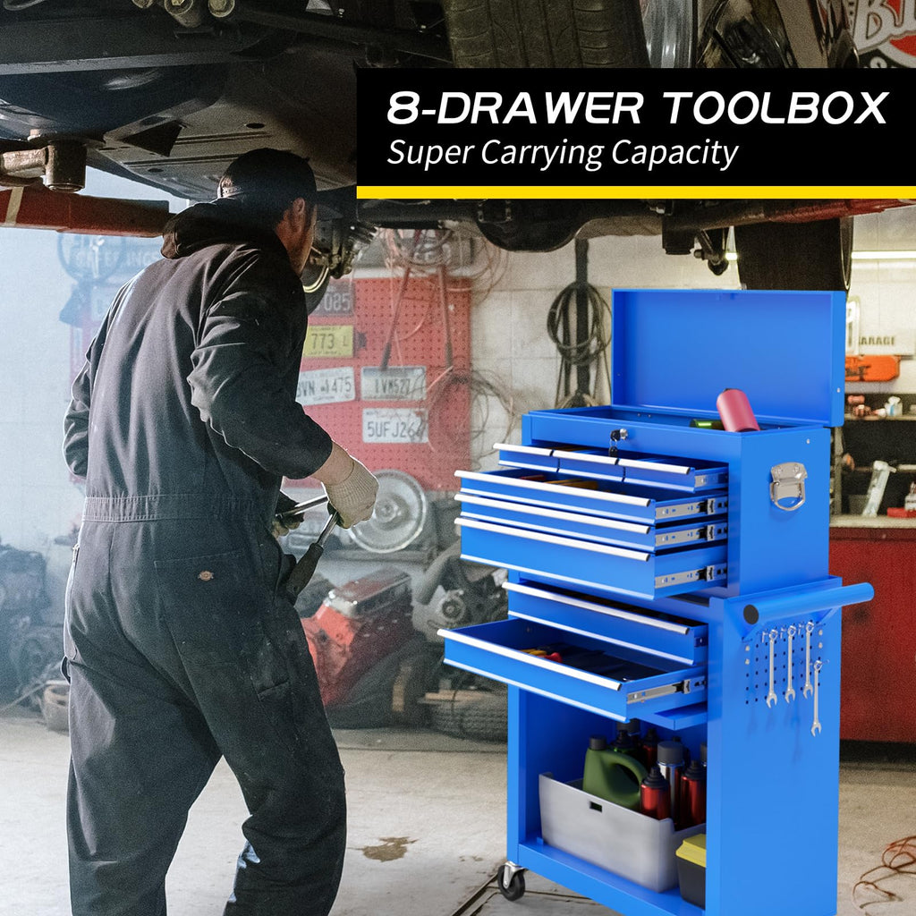 On Shine 8 Drawer Rolling Tool Chest, Large Capacity Rolling Tool Box with Wheels, Locking Mechanical Tool Chest, Portable Tool Box with Sliding Drawers for Garage Workshop and Tool Room (Black)