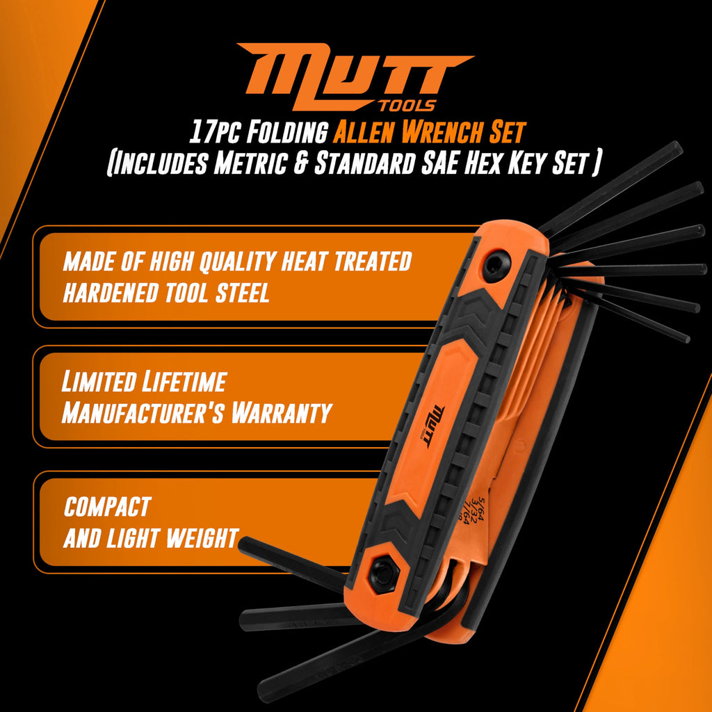 Mutt Tools 17pc Folding Allen Key Set - SAE & Metric Hex Wrench Set with Color-Coding - Compact Allen Wrench Tool for Bikes, DIY, Archery - Keys with Size Markings