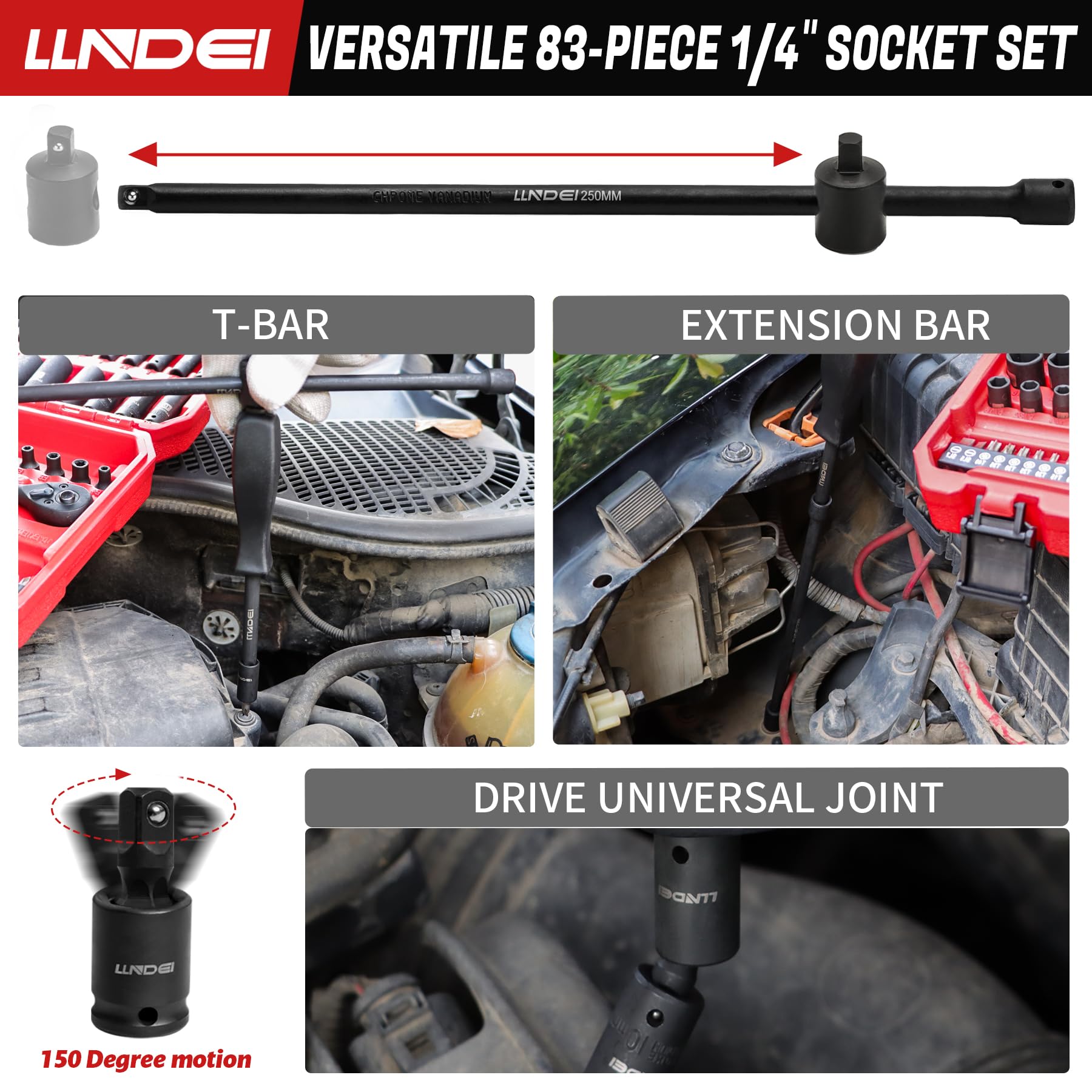 LLNDEI 1/2 inch Drive Deep Impact Socket Set, 37 Piece Standard SAE 3/8" to 1-1/4" | Metric 8 to 24mm, Includes Spark Plug Socket (16, 21mm), CR-MO Universal Joint, Extension Bars and Adapter