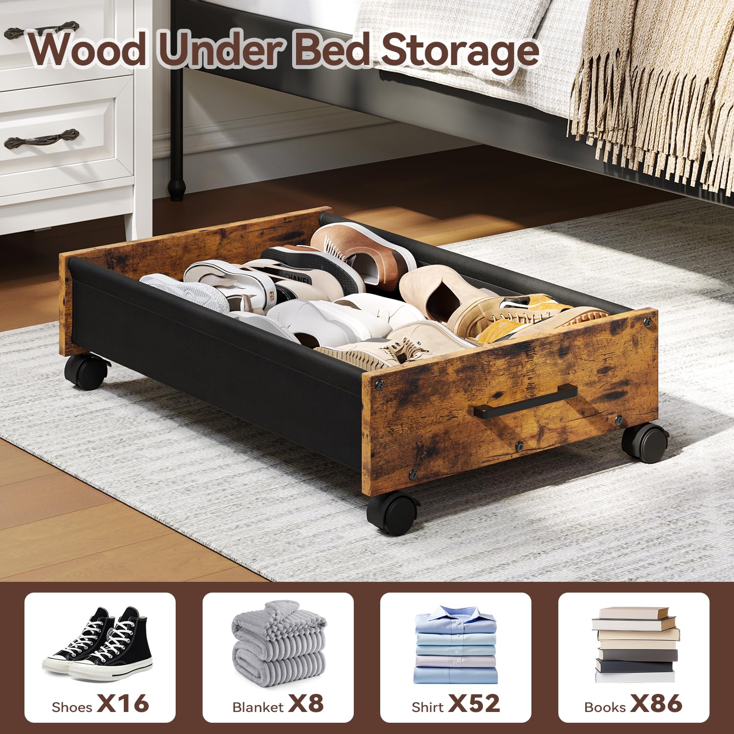 FOUCSSOMEI Under Bed Storage with Wheels, Wooden Under Bed Drawers On Wheels, Rolling Under Bed Shoe Storage, Space Saving, Black,30L