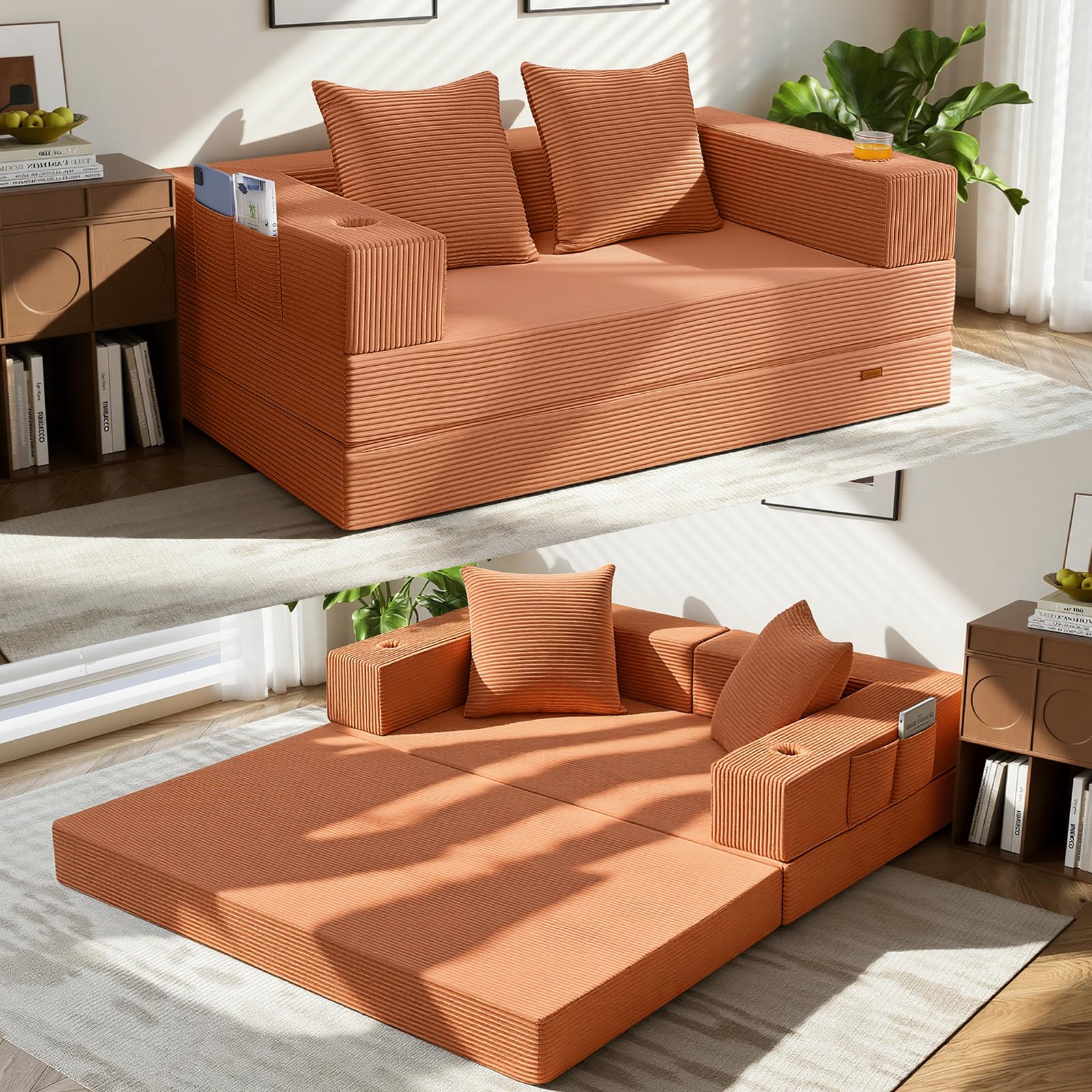 COMAX Futon Sofa Bed, 4‑in‑1 Convertible Sofa Bed, Folding Boneless Couches | Boneless Couch for living room, Fold Out Small Foldable Loveseat Floor Sleeper Mattress Lounge Space‑Saving, Ash Gray