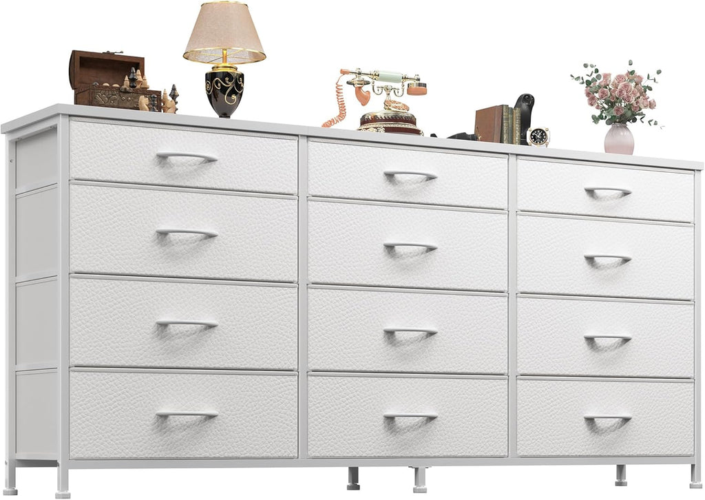 Romorgniz 55" Long Dresser for Bedroom with 12 Fabric Drawers, TV Stand for 60 inch TV Dressers & Chests of Drawers Large Organizer, Living Room, Metal Frame, Wood Top, White