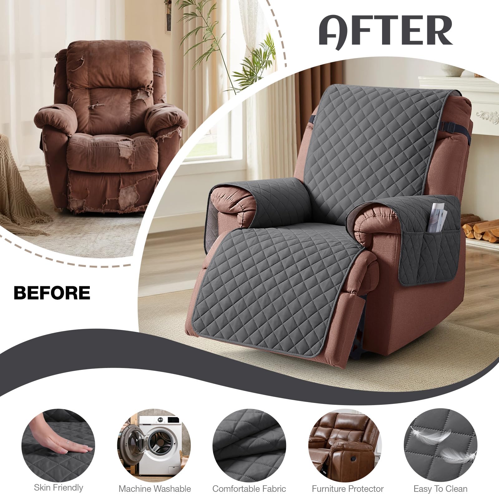 KinCam 100% Waterproof Recliner Chair Cover, Reclining Couch Covers for Pets, Dogs, Recliner Couch Slipcover Furniture Protector with Elastic Straps for Kids(23.6", Beige White)