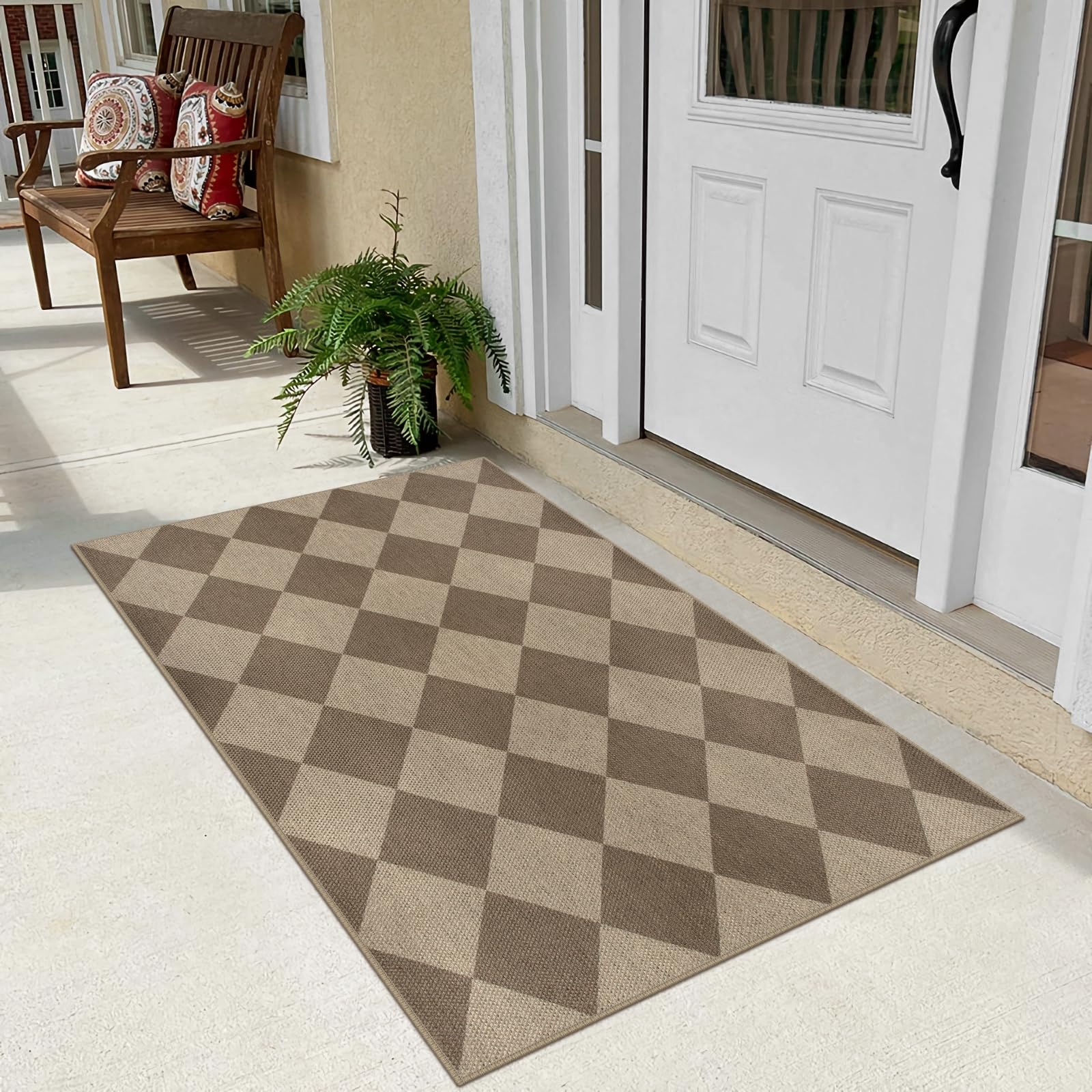 Rugalia Easy Jute Checkered Entryway Rug, 2x3 Black Modern Indoor Outdoor Doormat, Washable Non-Slip Neutral Small Kitchen Rug Farmhouse Diamond Throw Rugs for Entrance Bedroom Bathroom