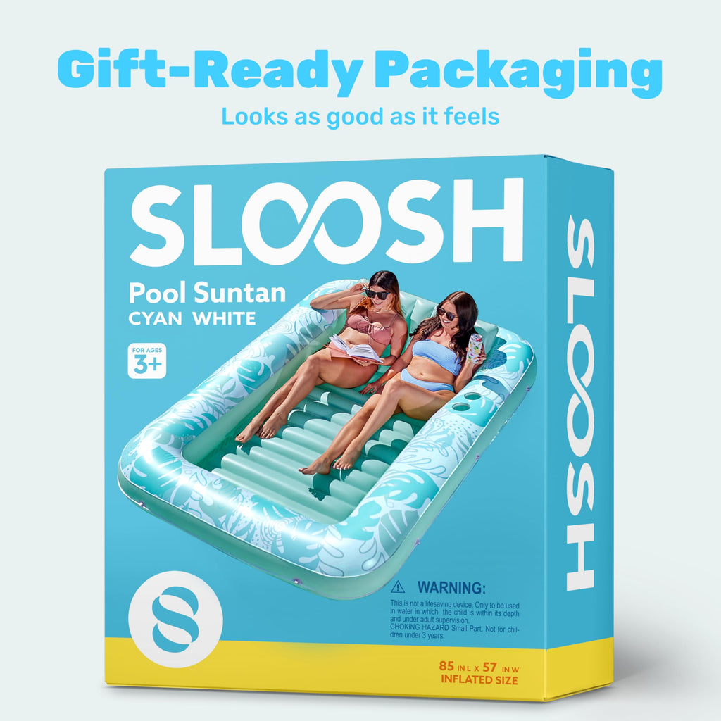 SLOOSH Inflatable Tanning Pool Lounger Float, 85" x 57" Extra Large Pool Floats Adult with Pillow, 4 in 1 Suntan Tub Raft Floatie,Sunbathing Bed Lounge for Water Blow Up Ball Pit Party Gifts, XL-Blue