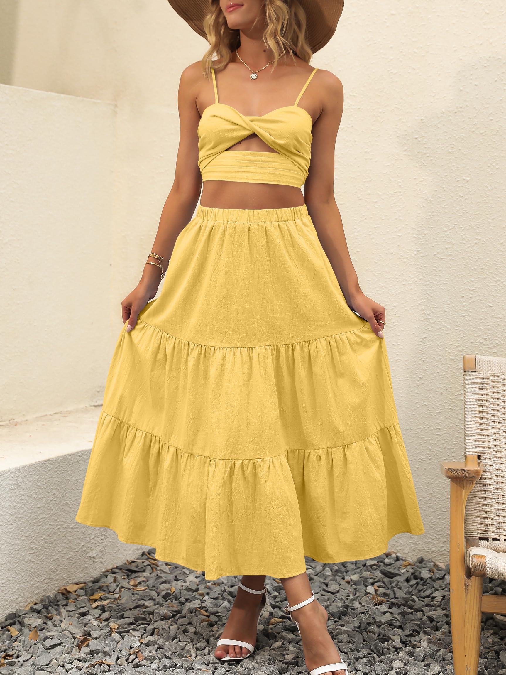 ANRABESS Women’s Summer Boho Flowy Swing Tiered A-Line Maxi Skirt 2026 Fashion Trendy Elastic Waist Pleated Long Beach Dress