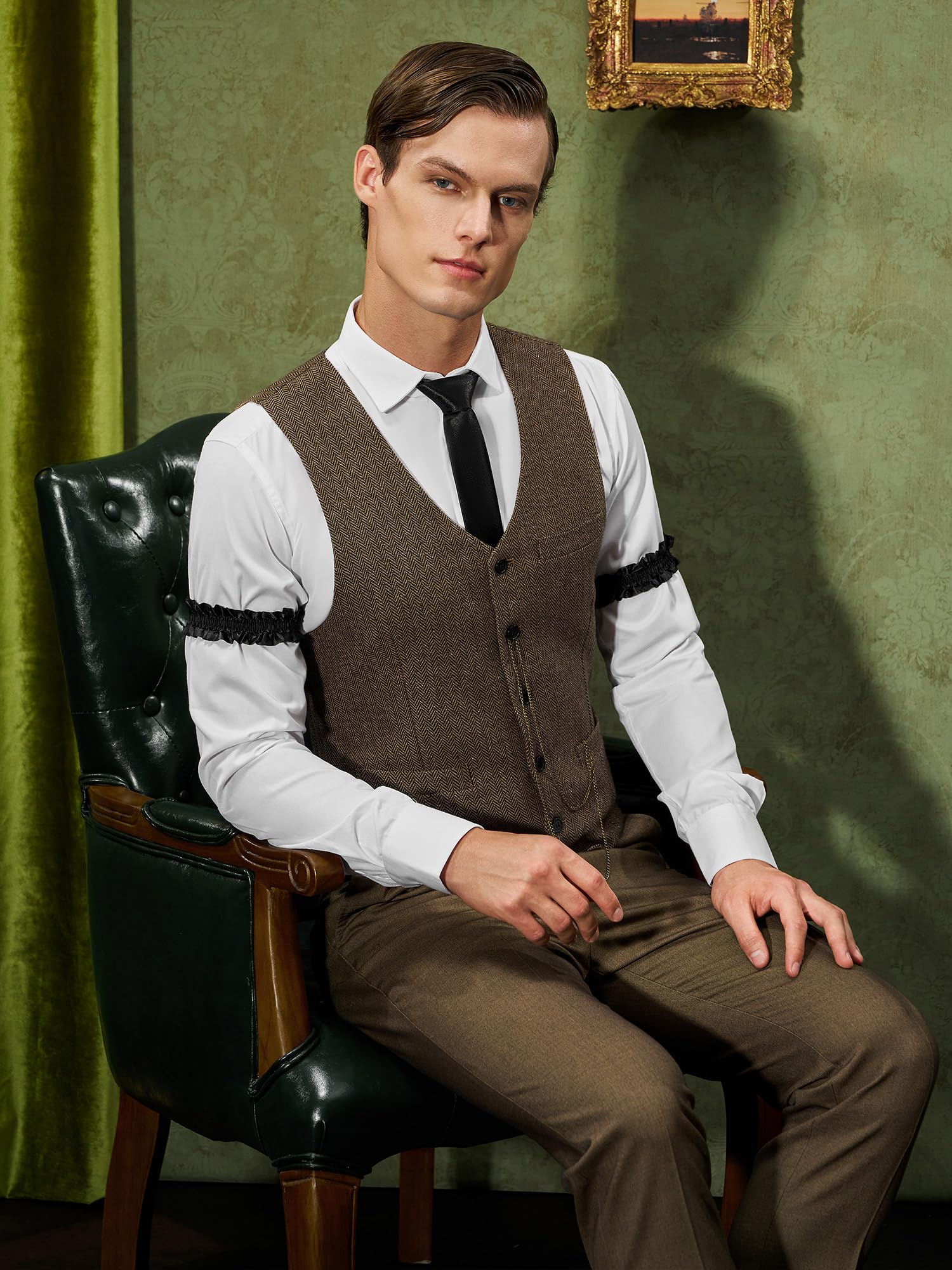YESSA 1920s Mens Costume,Roaring 20s Costumes for Men,Gatsby Costume Men,1920s Mens Outfit Hat Vest Pocket Watch Tie