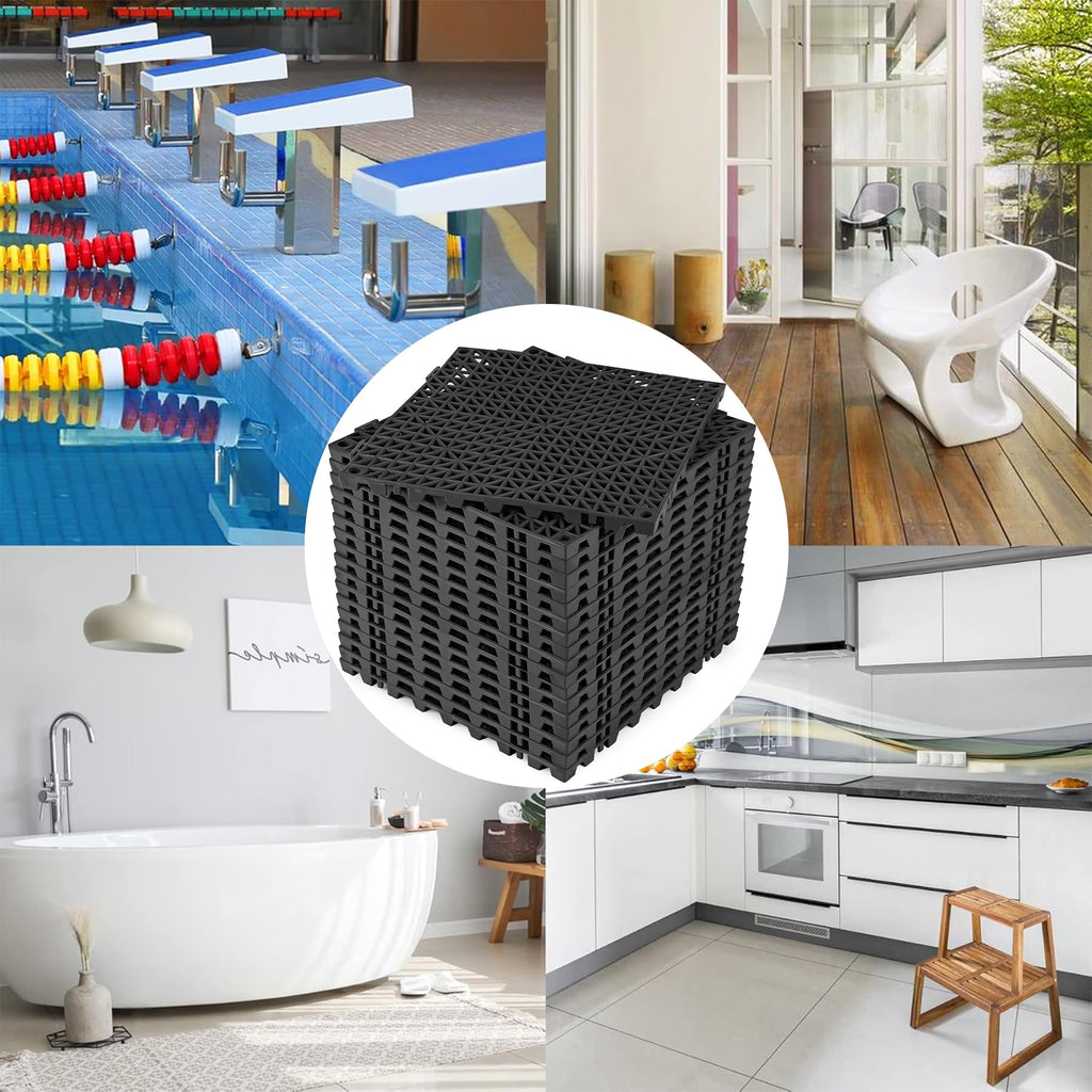 ToLanbbt Modular Interlocking Cushion 8P 11.8" x 11.8" Interlocking Rubber Floor Drain Holes Non-Slip Splicing Drainage Mats for Deck, Shower, Kitchen, Drain Pool, Sauna Bath, Indoor Outdoor (Black)