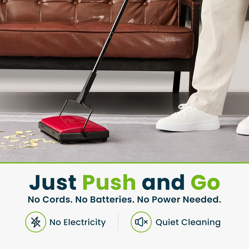 Alpine Manual Carpet Sweeper Triple Brush – Cordless Non Electric Multi-Surface Floor Brush Hardwood Floor Cleaner Easy Sweeping for Carpeted Floors (Improved Black)