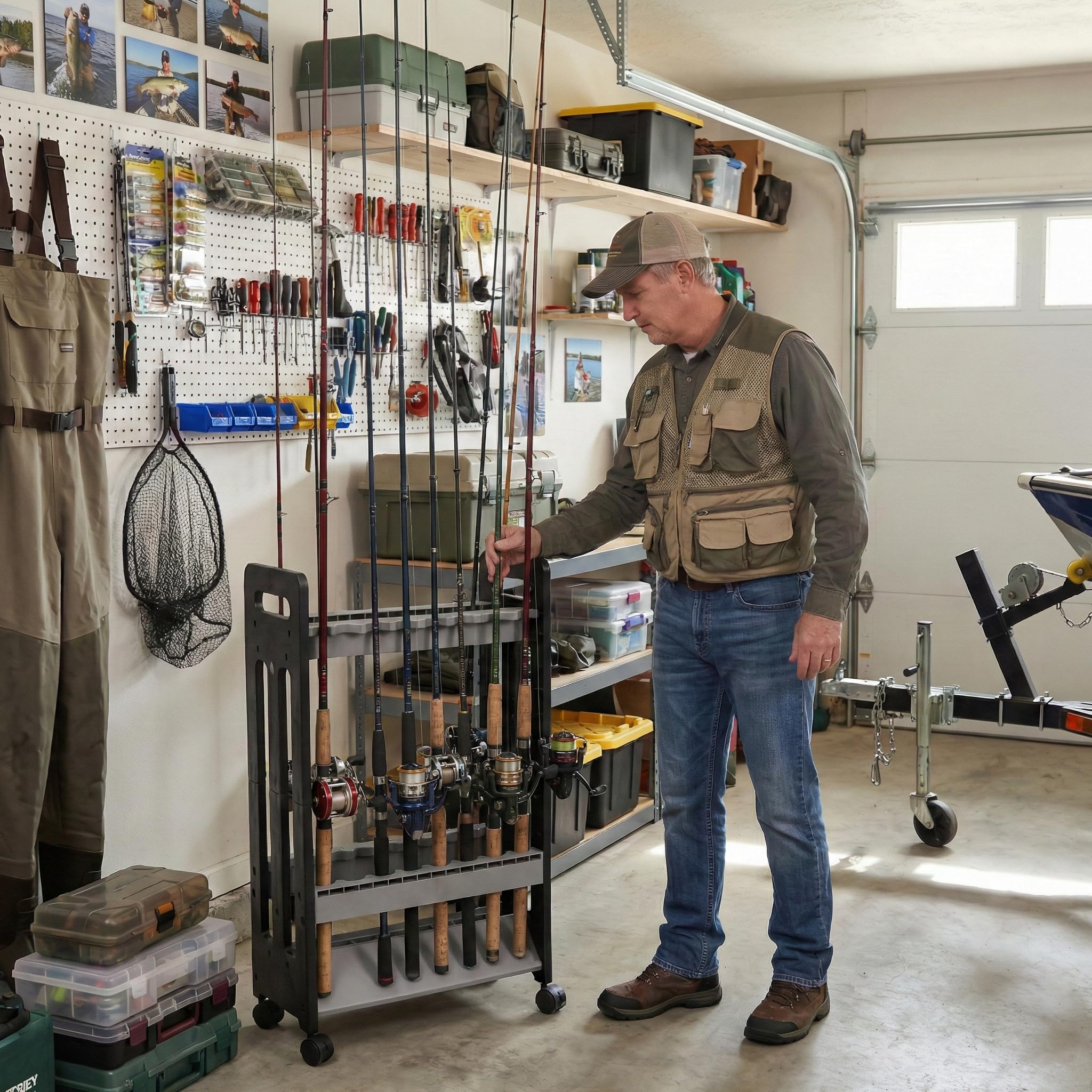 Fishing Rod Holder,Fishing Pole Holders for Garage,Rod Holder for 16 Rod and Reel Combos,Vertical Fishing Rod Rack Floor Storage,Fishing Gifts for Men (Gray)