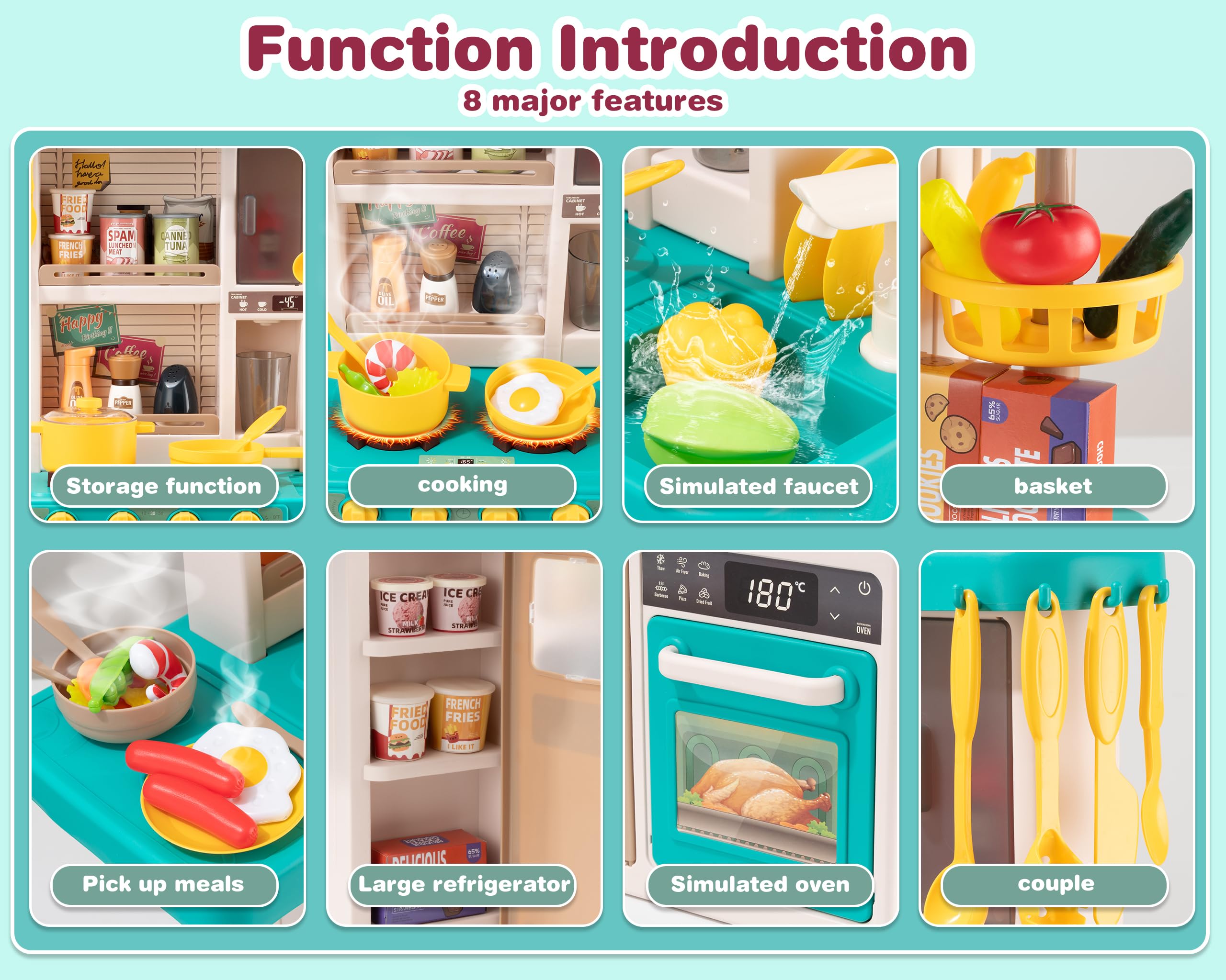 Kids Kitchen Play Set，Interactive Kids Kitchen Play Set with 50Pcs of Pretend Kitchen Toys，Realistic Sound Effects，and Simulated Functionality - Suitable for Toddlers Aged 3-5 Years (Green)