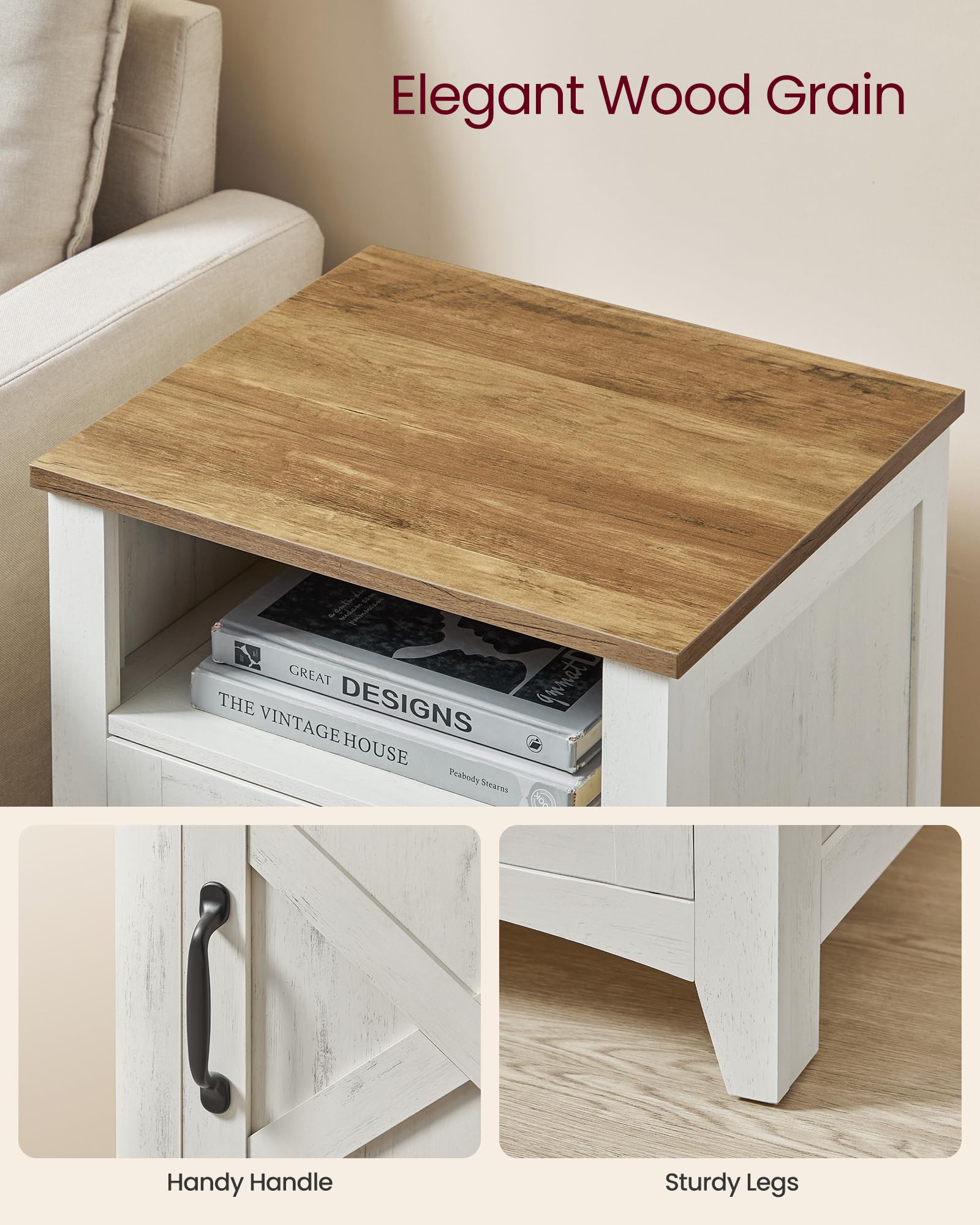 VASAGLE LIRY Collection - Farmhouse Nightstand with Barn Door, Bedside Table with Storage, Side End Table, Night Stand, Open Compartment, for Bedroom, Misty Gray ULET609G68
