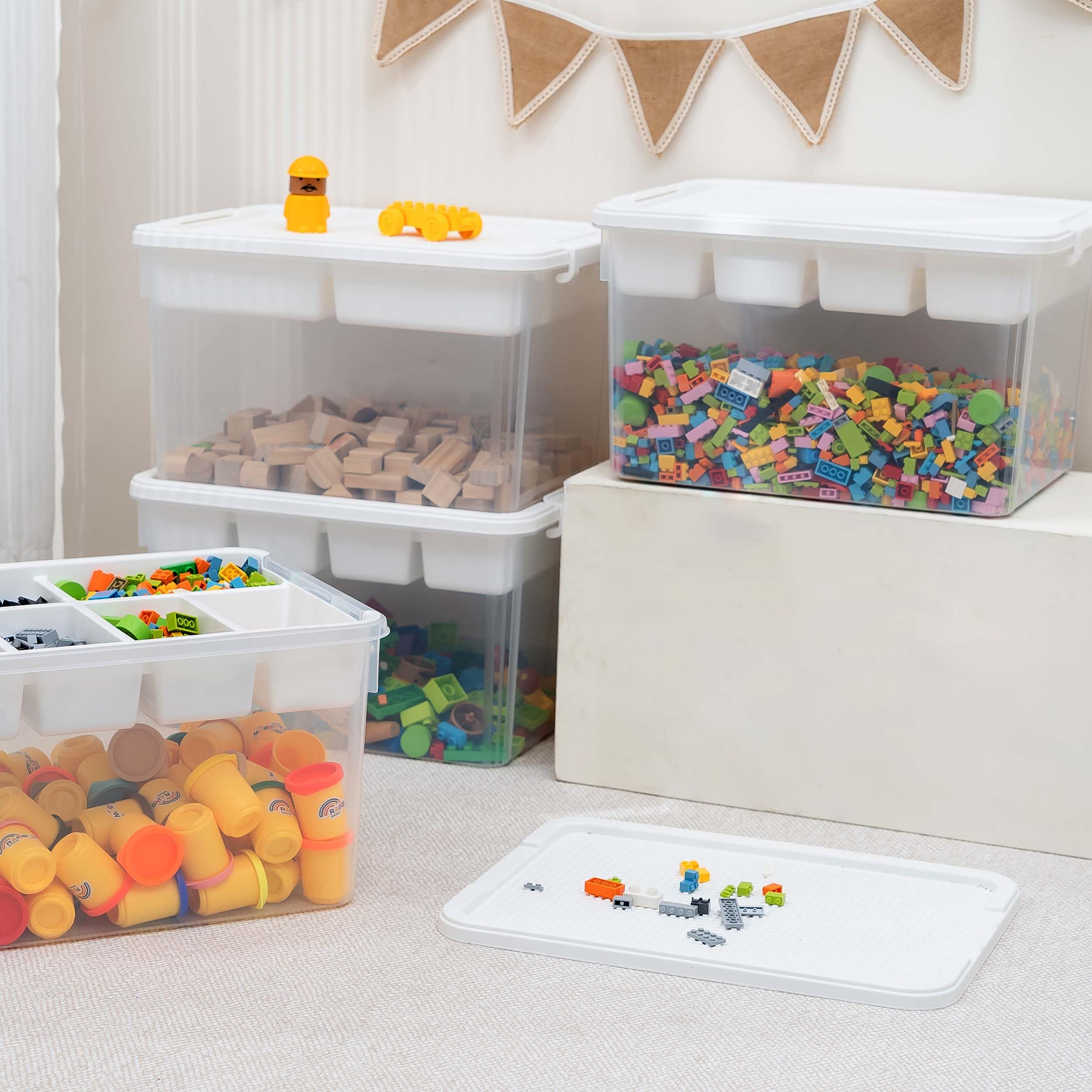 Citylife 17 QT Plastic Storage Box with Building Baseplate Lid and Removable Tray Craft Organizers and Storage Clear Storage Container for Organizing Bead, Tool, Sewing