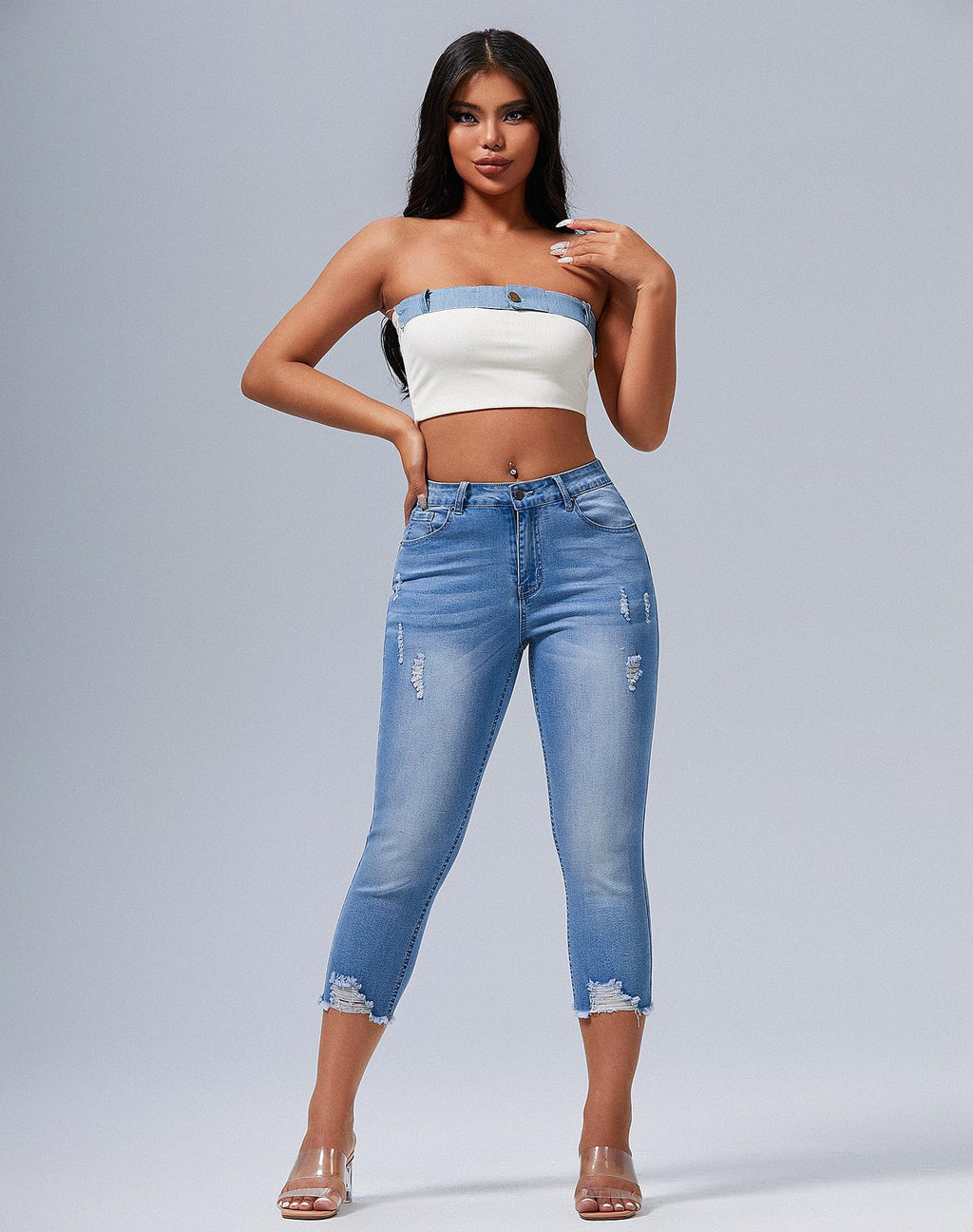 roswear Women's Capri Pants Mid Rise Skinny Ripped Stretchy Cropped Distressed Jeans