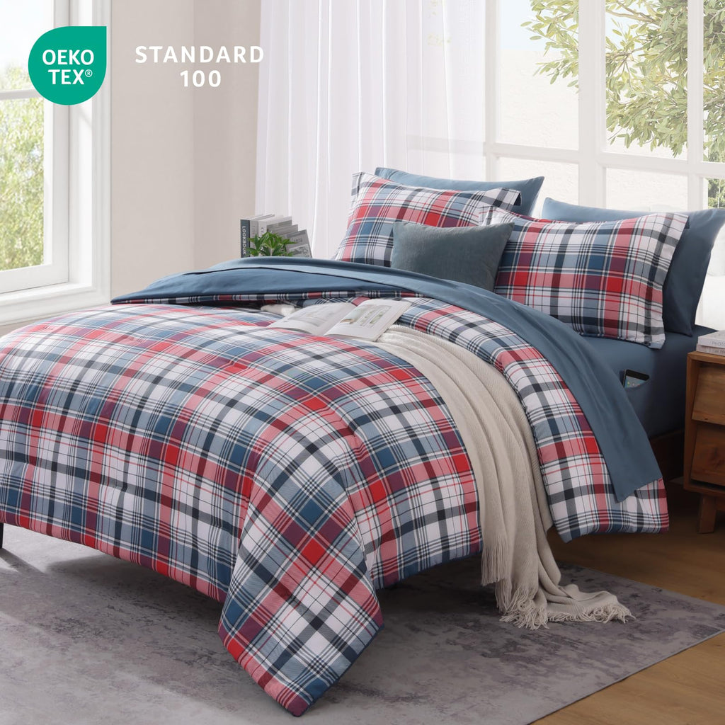 MaiRêve Queen Comforter Set, Classic Plaid Farmhouse Bedding Sets 7 Pieces, Beige All Season Bed in A Bag with Sheets, Pillowcases & Shams