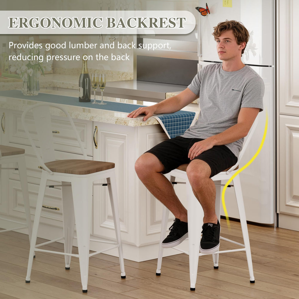 Barstools Set of 4 Counter Height Bar Stools for Kitchen Island Farmhouse Metal High Back Bar Chairs Wooden Seat 24" Matte Black