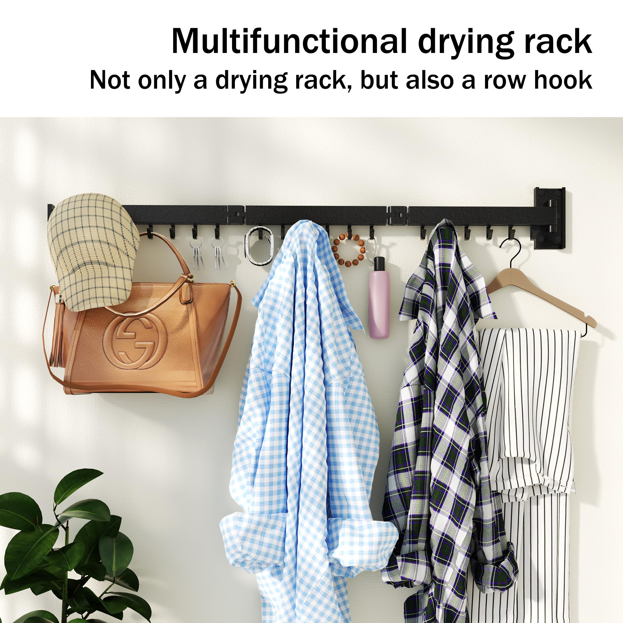 HEILAIYI Clothes Drying Rack for Laundry,Wall Mounted Clothes Hanger Rack,Folding,Retractable,Collapsible(J Shape Hooks)