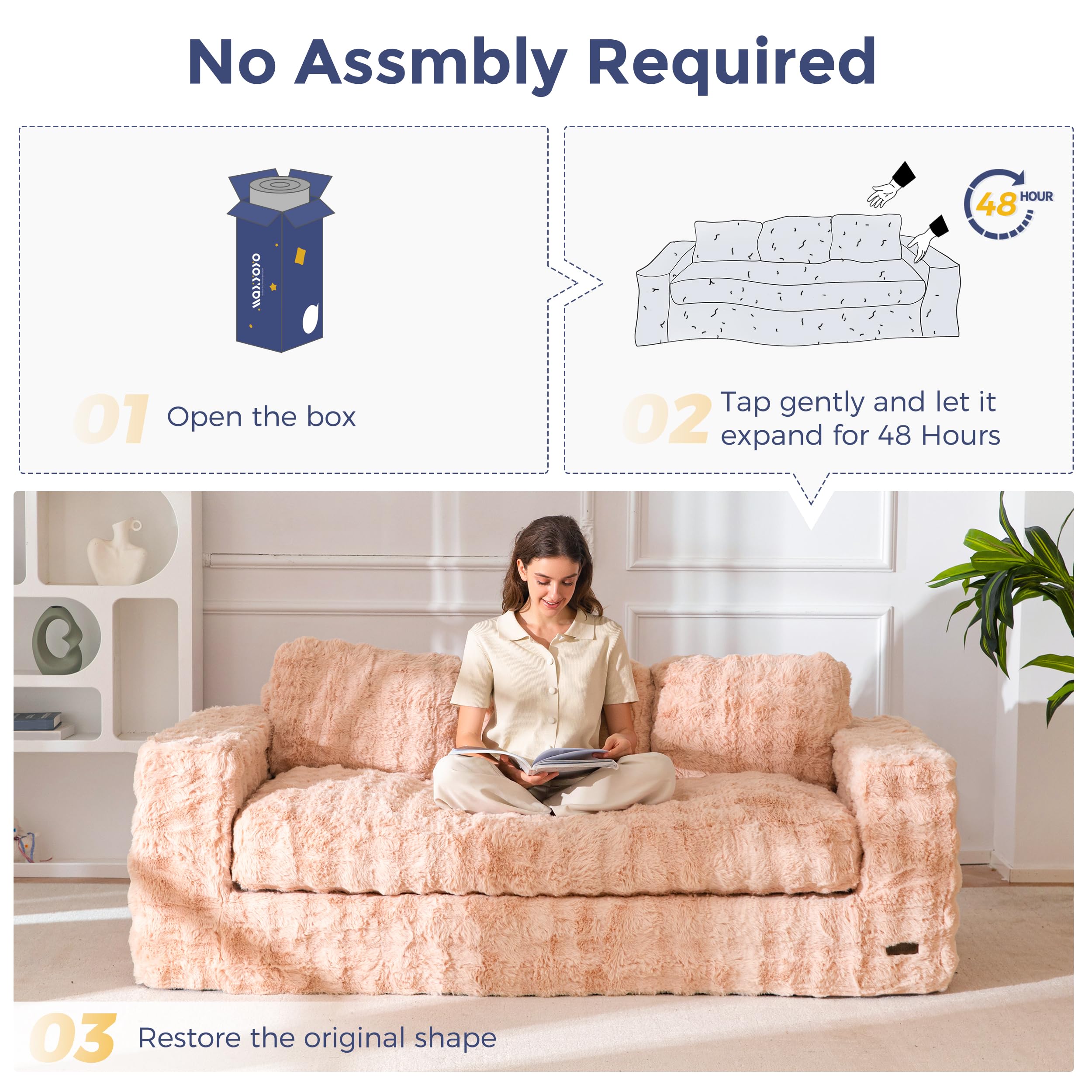 MAXYOYO 3 Seater Sofa Couch for Living Room, Tufted Boneless Couch Sofa Couch, Comfy Bubbled Bean Bag Chair for Apartment, No Assembly Needed, Beige