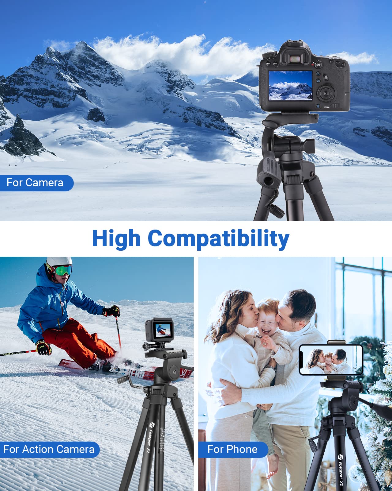 Fotopro 60" Camera Tripod, Carbon Fiber Travel Tripod with 360° Ball Head, Ultralight 2.1lbs, 22lbs Load, Quick Lock, Folds to 14.3" Carry-On, for DSLR Mirrorless Cameras, X-Aircross 3 Blue