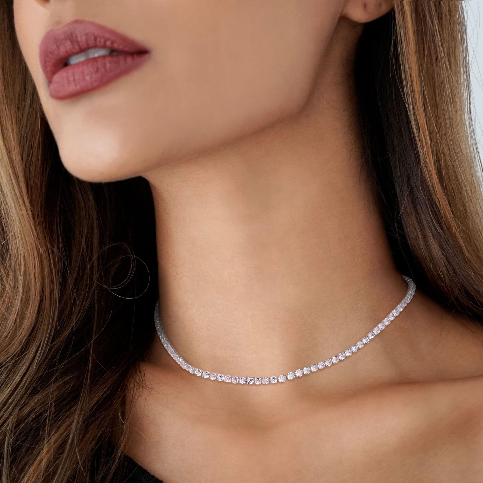 Robaice Tennis Necklace for Women, 14K Gold/Silver Plated Rhinestone Choker Necklace for Women, Dainty Cubic Zirconia Cut Faux Diamond Chain