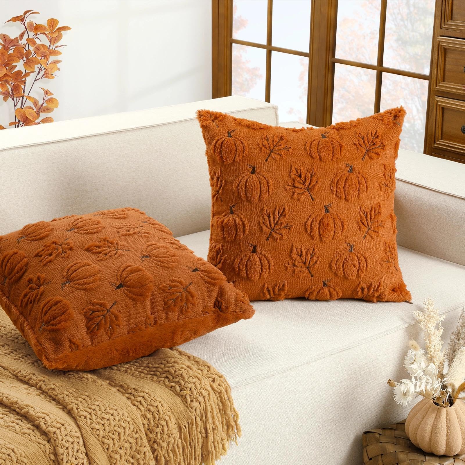 Fall Beige Pillow Covers 18x18 Set of 2 Double-Sided Pumpkin Plush | Boho farmhouse comfort with raised Autumn pumpkin embroidery, designed for living rooms, sofas, and cozy fall home decor.