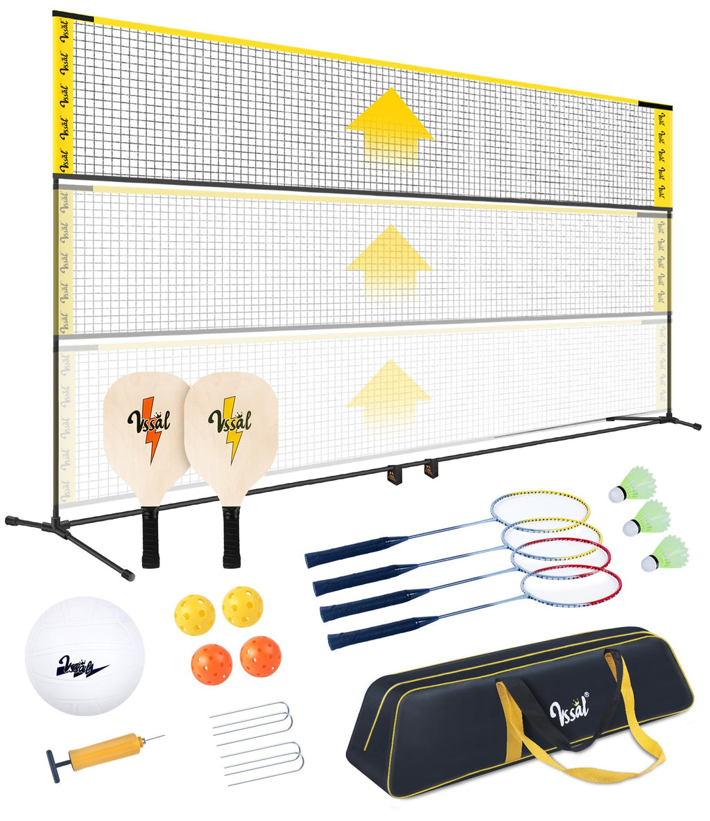 3-in-1 Portable Badminton, Volleyball & Pickleball Net Set for Adults, Adjustable Height 34"–7 ft for Backyards or Beach, Outdoor Sports Combo with Carry Bag, Rackets, Paddles & Balls